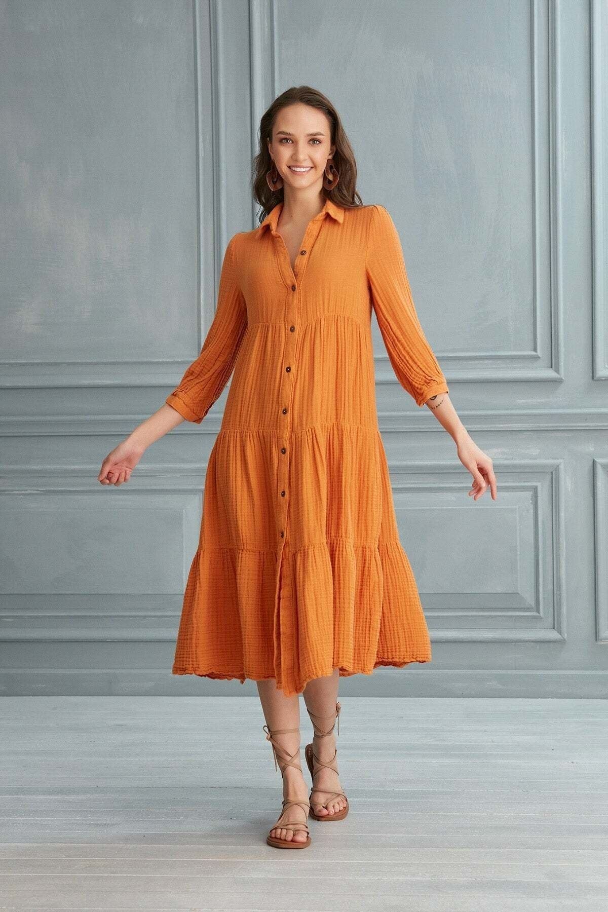 Begonville Maya Uzun Gömlek Elbise %100 Pamuk Müslin - Turuncu