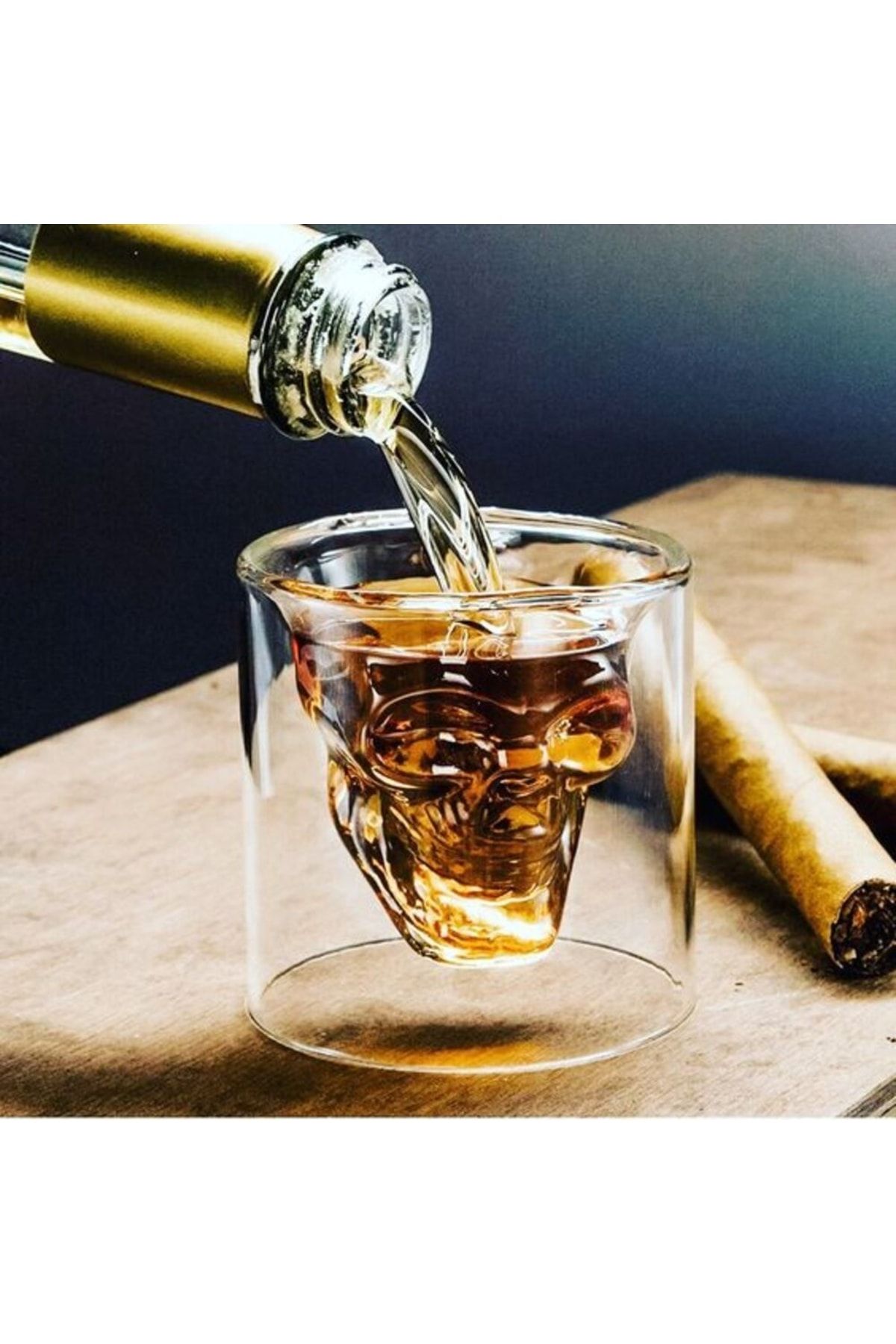 hediyeofisi Isıya Dayanıklı Borosilikat Kuru Kafa Tasarımlı Çift Cidarlı Cam Bardak Viski Kokteyl Bardağı