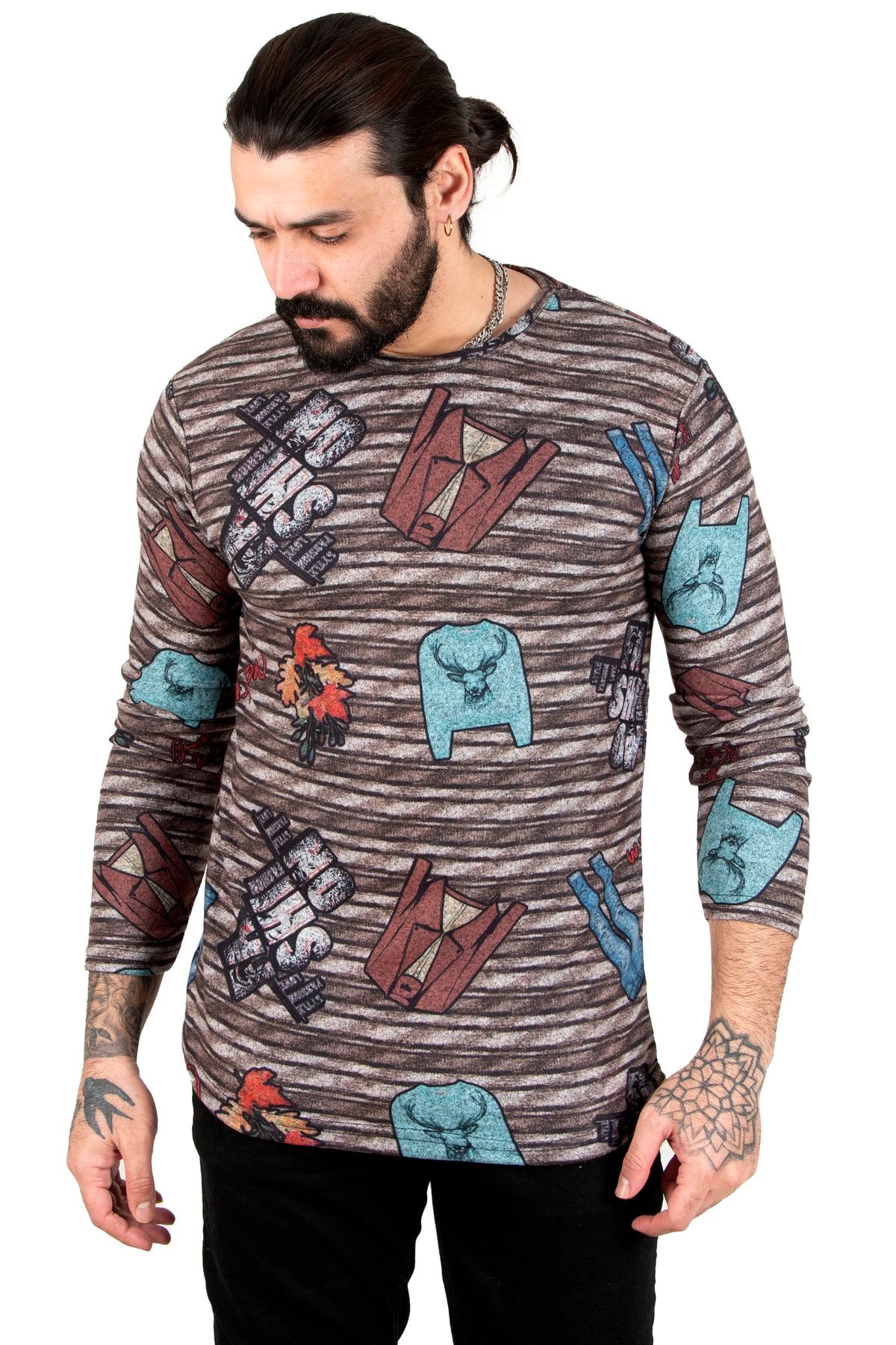 DeepSea Erkek Kahve Fashion Baskılı Slim Fit Bisiklet Yaka Yeni Sezon Sweatshirt 2303073