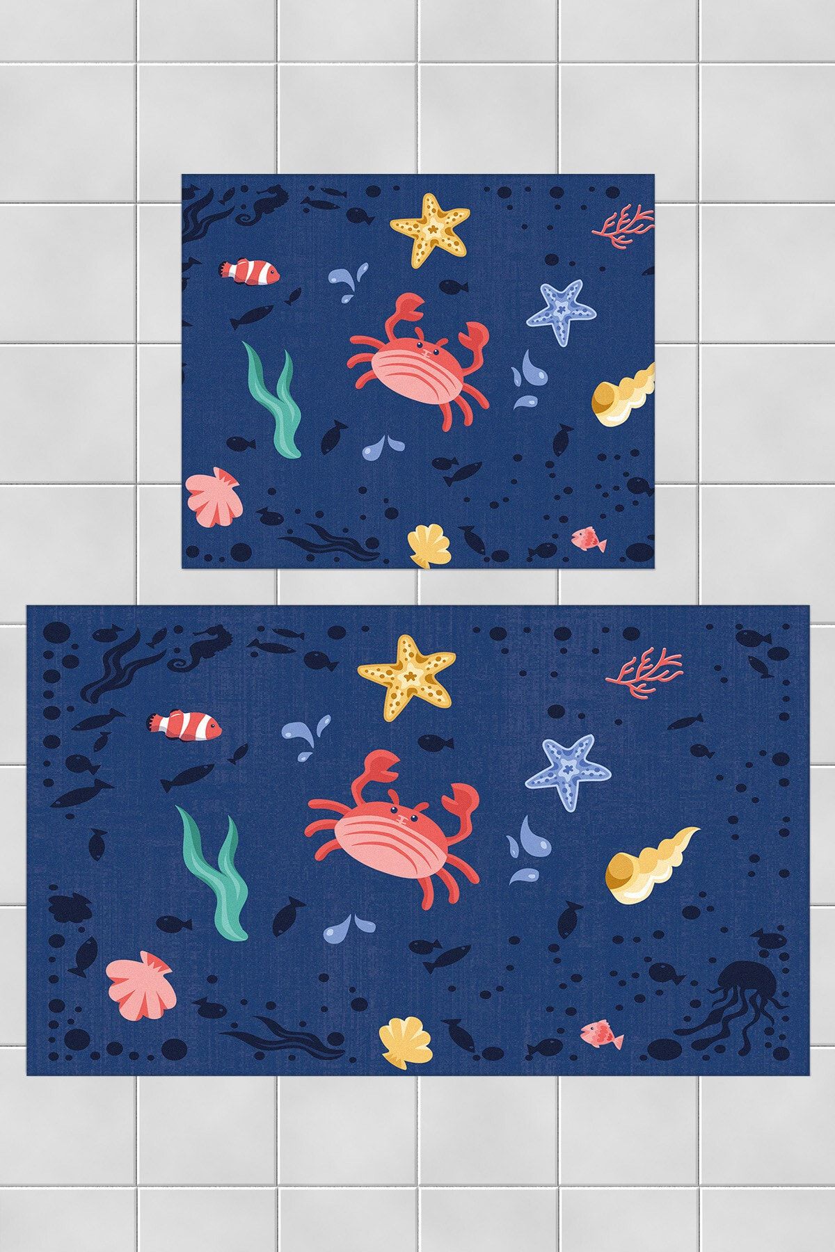 Genel Markalar Okyanus Desenli Yengeç Modern Dekoratif 2'li Banyo Takımı - 50x60cm Ve 60x100cm