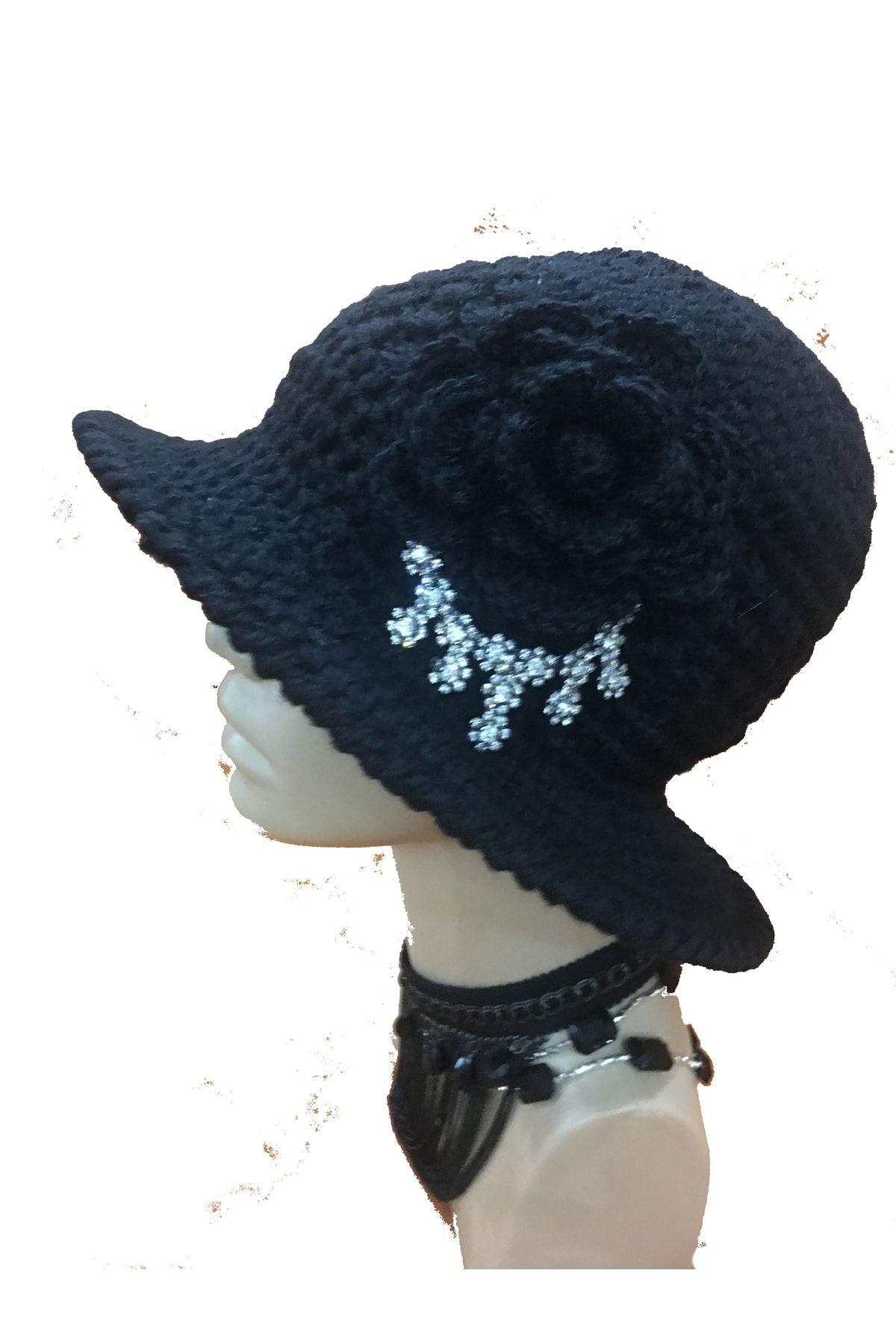 drt tasarım El Örgüsü Siyah Kloş Fötr Bucket Parlak Taşlı Tasarım Şapka