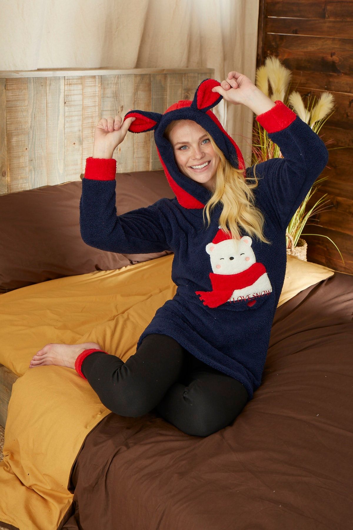 pijamacity Kadın Lacivert Kapşonlu Kışlık Welsoft Pijama Takımı