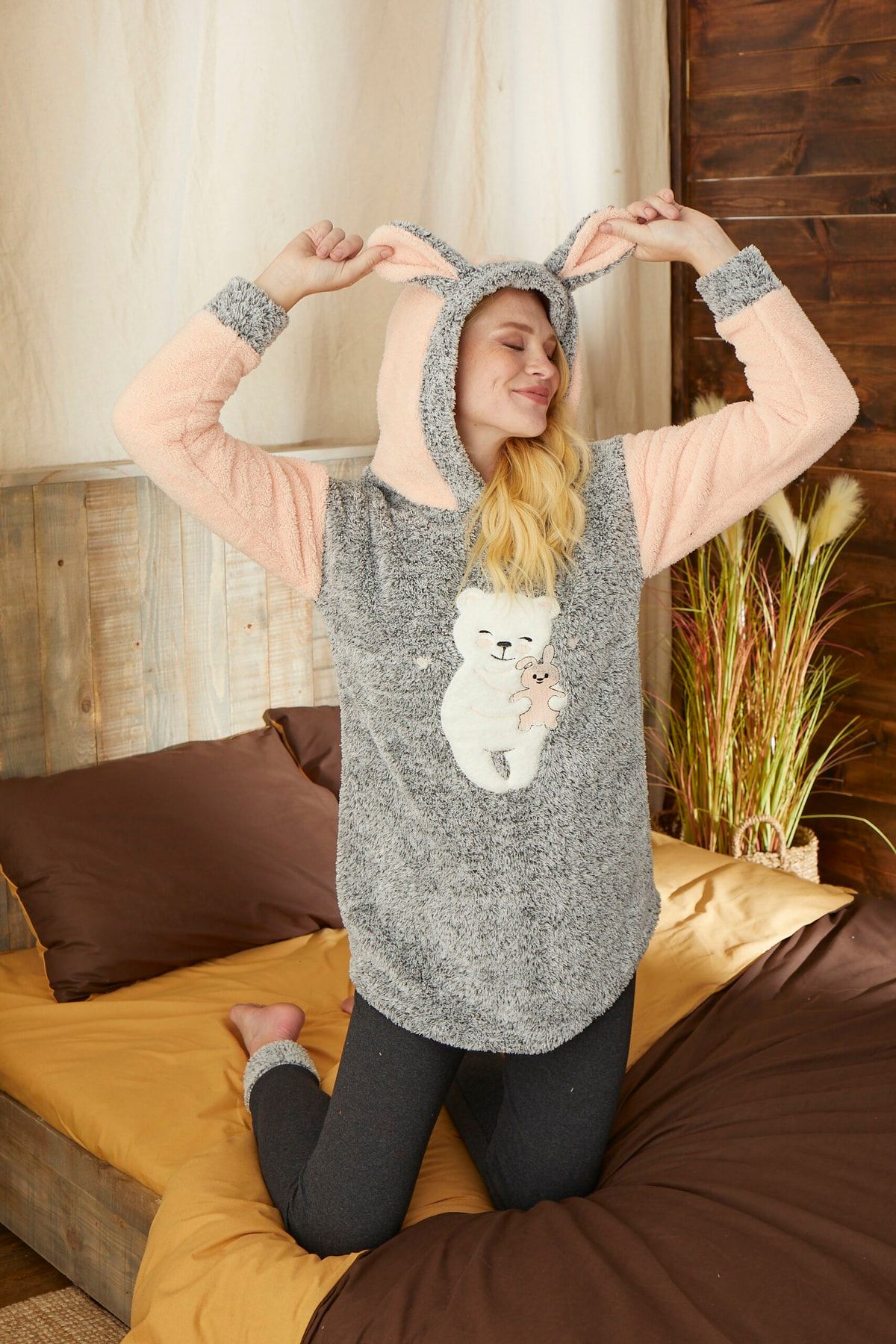 pijamacity Kadın Gümüş Kapşonlu Kışlık Welsoft Pijama Takımı