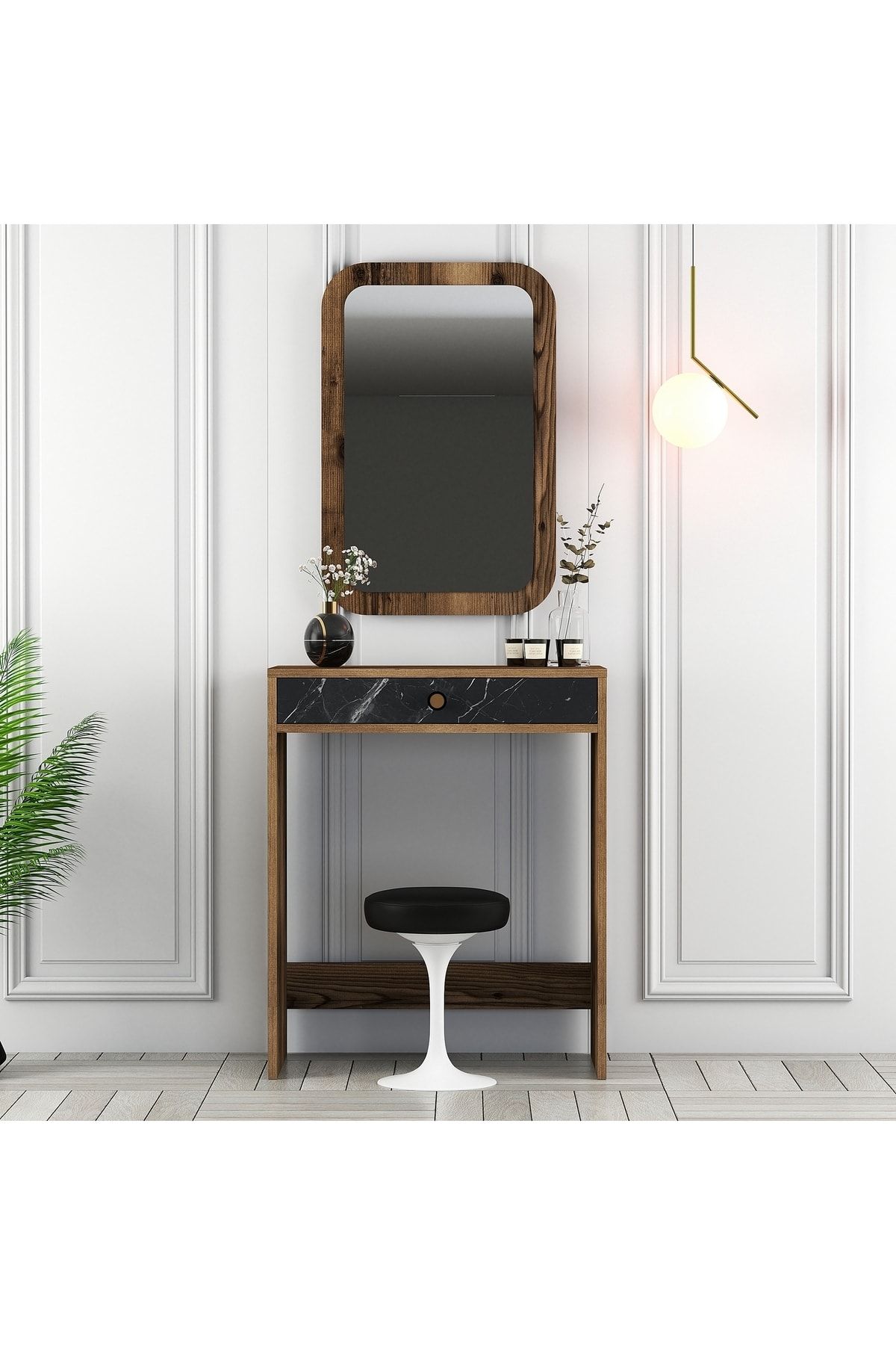 Variant Mobilya Lizbon Mini Aynalı Makyaj Masası Dresuar - Ceviz / Siyah Mermer
