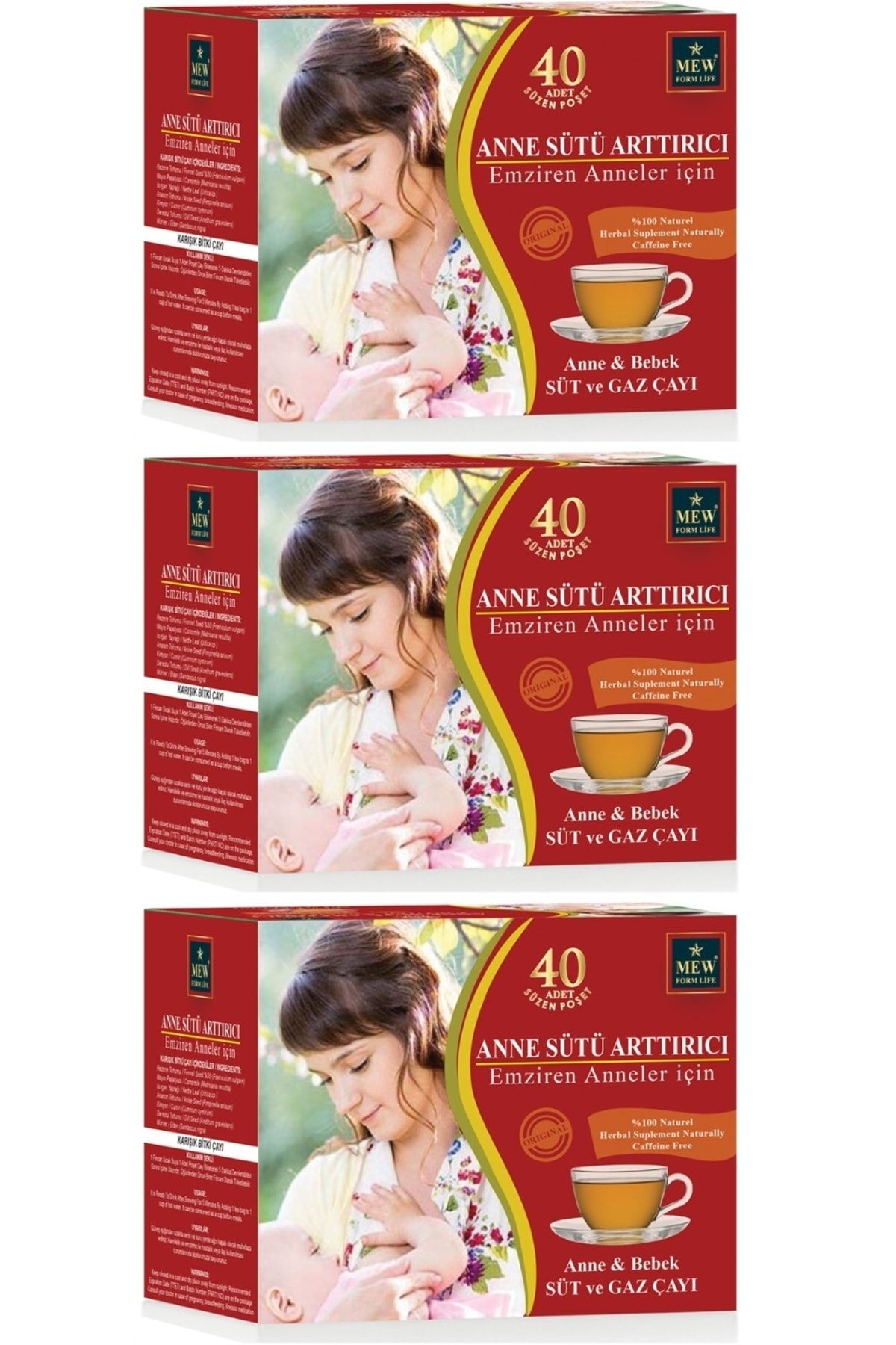 MEW FORM LİFE Emziren Anneler Için Süt Artirici Gaz Gidereci Bitkisel Dedoxs Çayı 40'lı Süzen Poşet 3 Paket