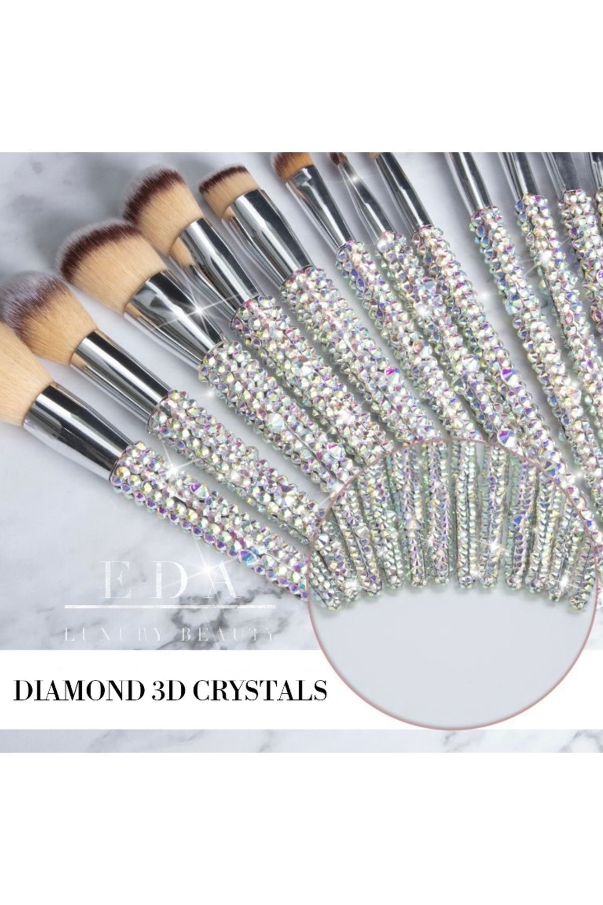EDA LUXURY BEAUTY 12'li Diamond Özel Gümüş Kristal Taşlı Büyük Yüz & Göz Farı Makyaj Fırçası Seti Pro Makeup Brushes
