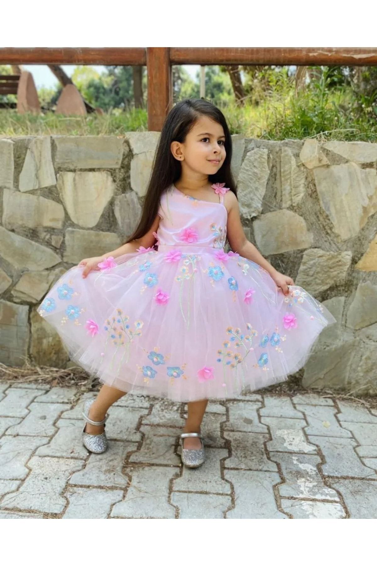 Sare Çocuk Giyim Pembe Çiçekli Tek Kol Kız Çocuk Abiye Elbise