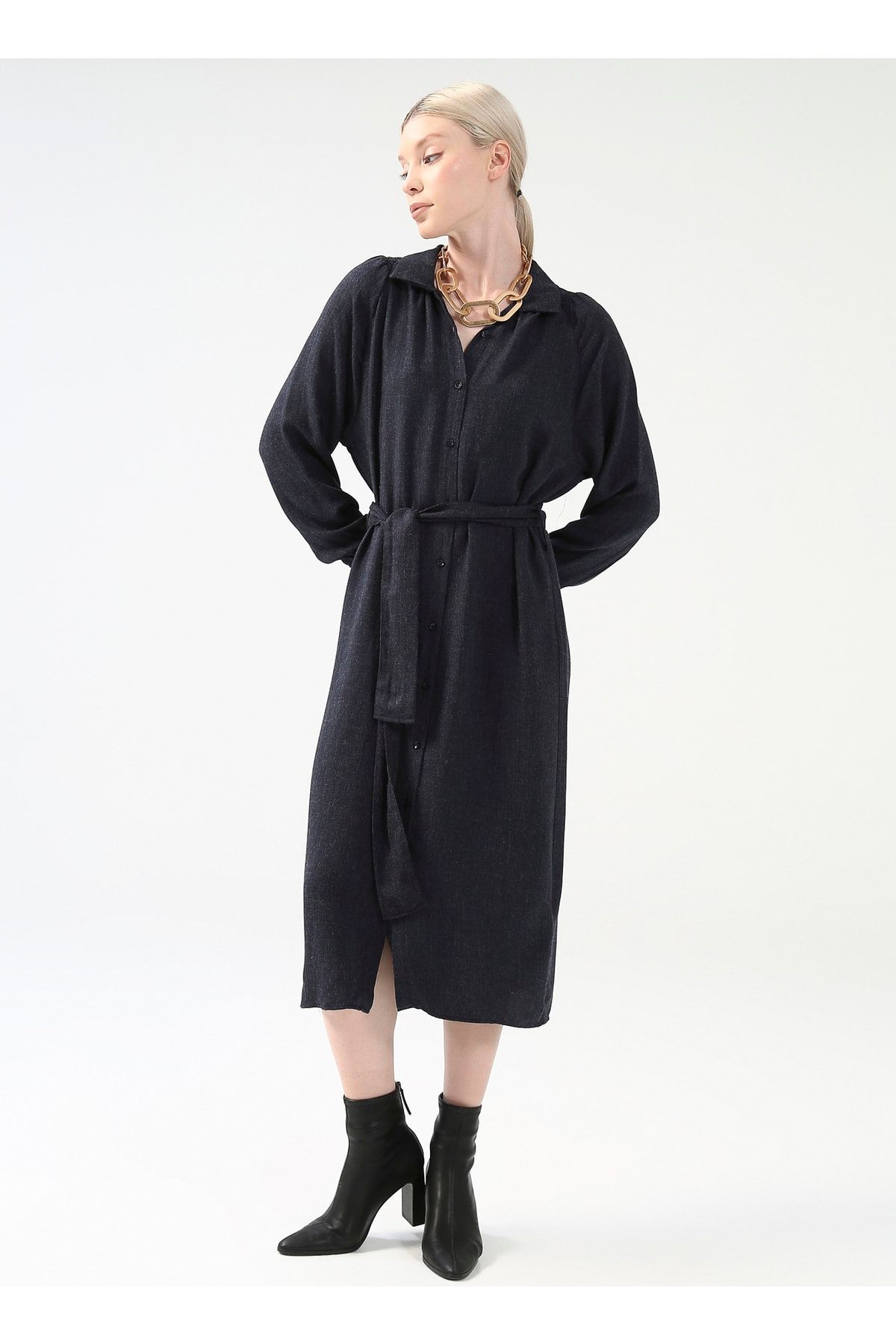 Fabrika Comfort Gömlek Yaka Düz Midi Lacivert Kadın Elbise Cm-oblo