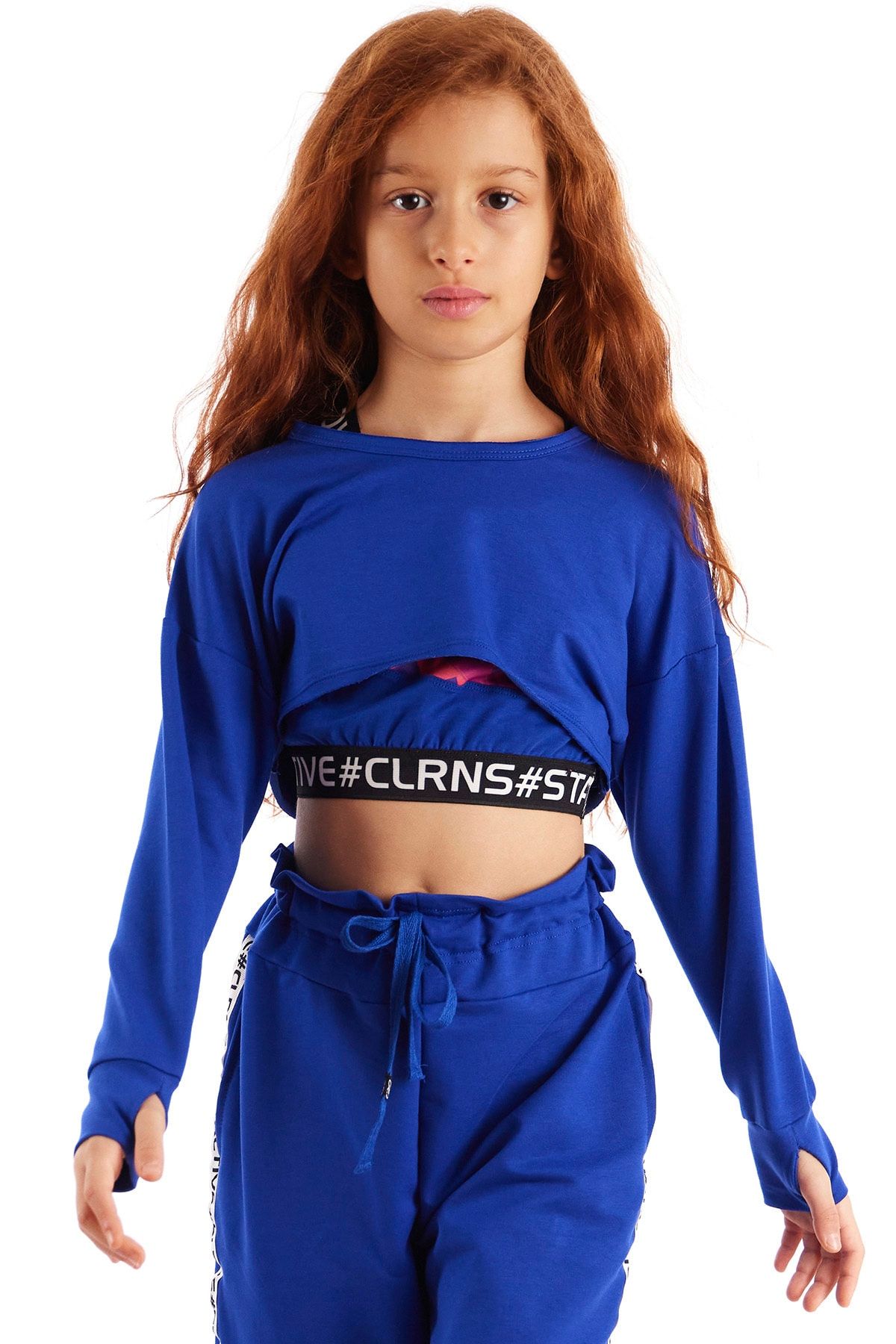 Colorinas Nakış Işlemeli Crop Uzun Kol Kız Çocuk Penye Sweatshirt