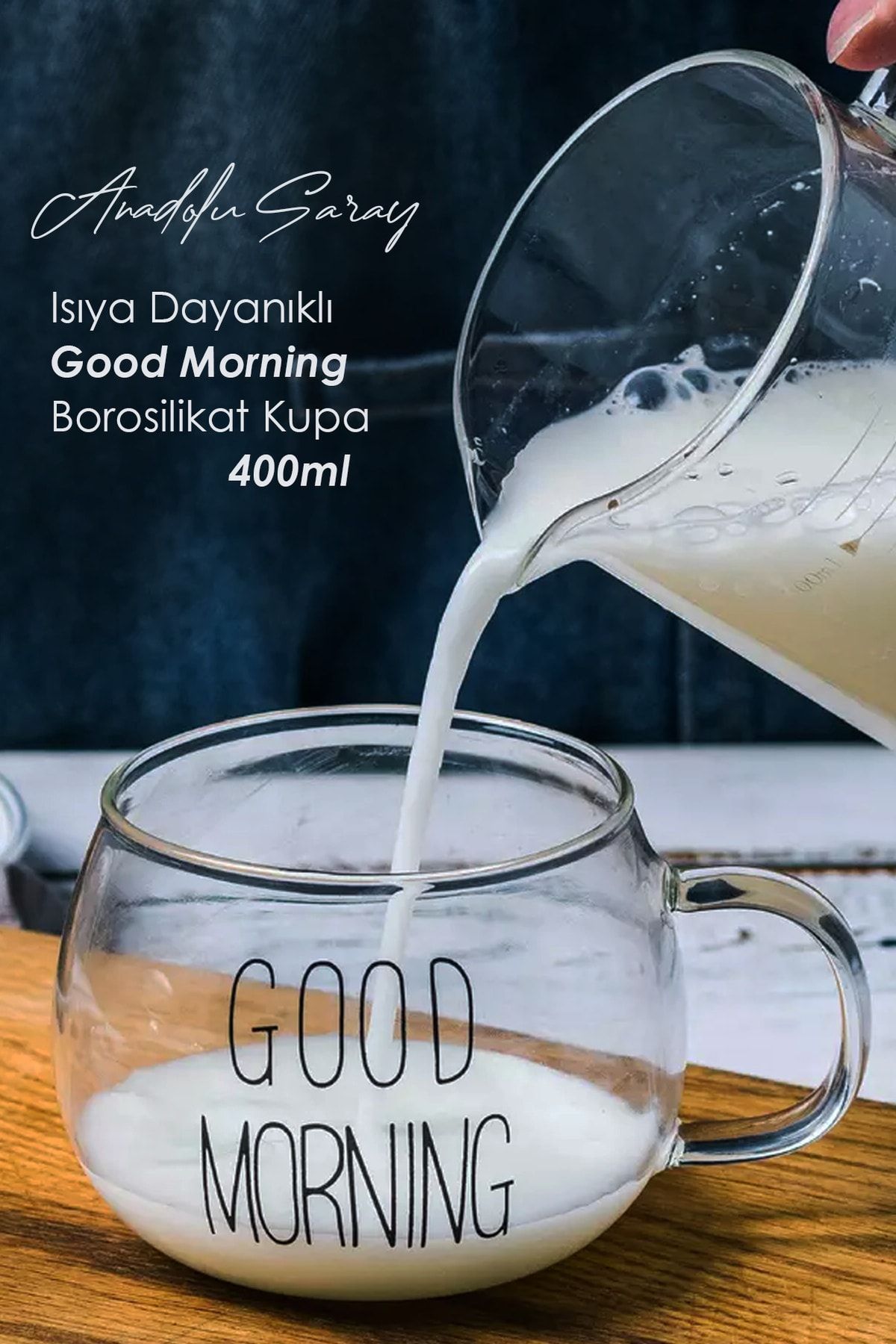 Anadolu Saray Çarşısı Isıya Dayanıklı Borosilikat Good Morning Kulplu Yuvarlak Kupa Cam Bardak Kahve Sunum Bardağı 400ml