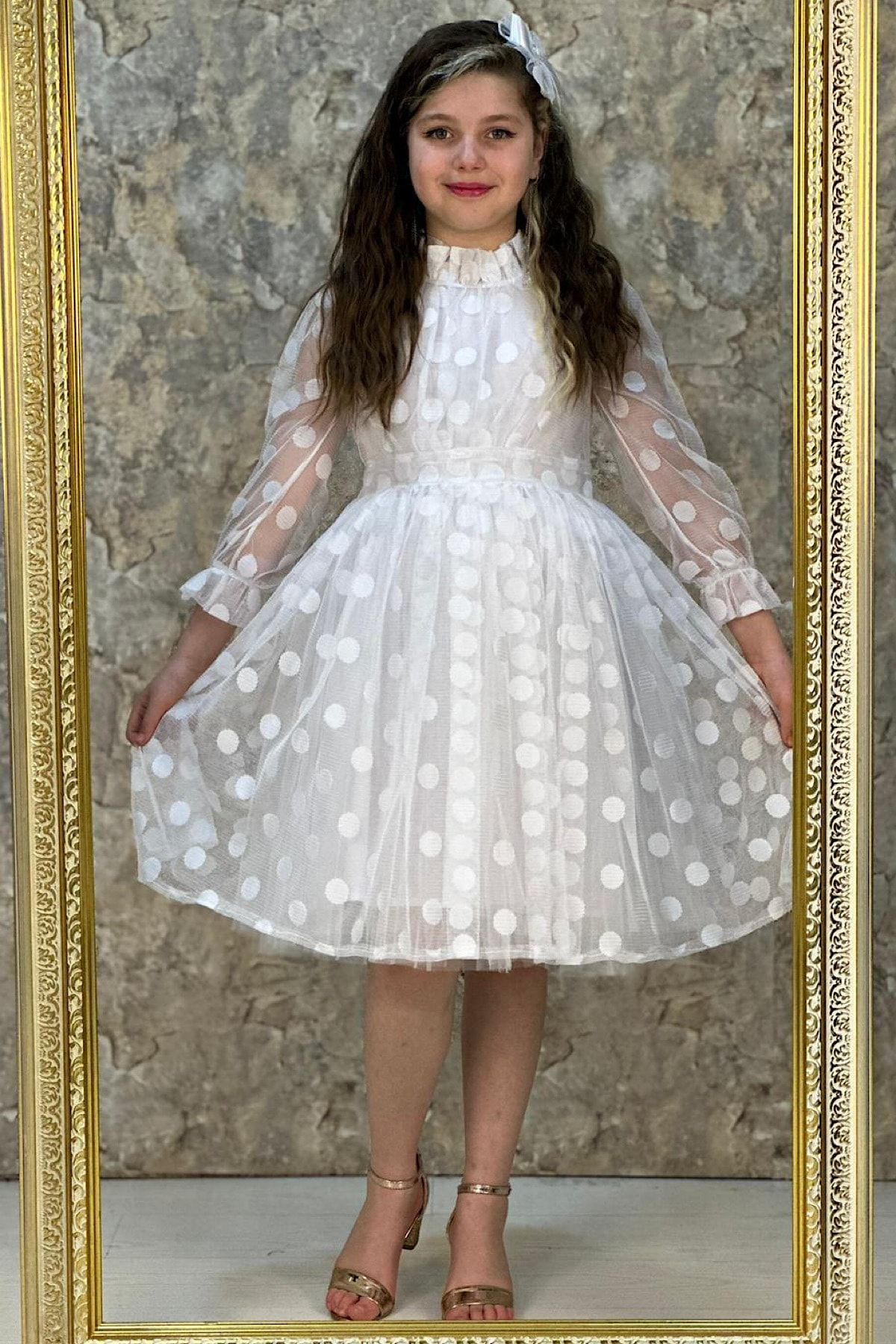 Pumpido Kız Çocuk Beyaz Puanlı Elbise