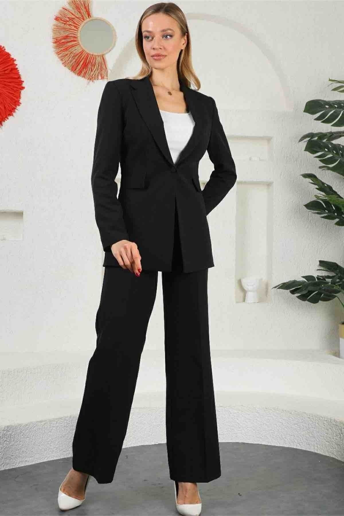 diaves original designs Siyah Kadın Palazzo Blazer Takım Elbise Tek Düğme Ceket Kemerli Pantalon