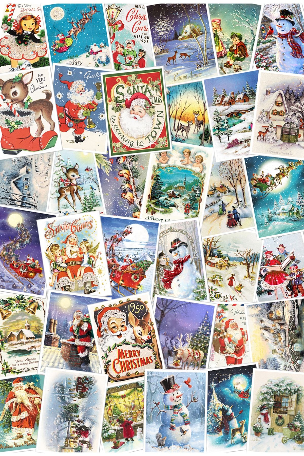 Mia Pera 100 Lü Karışık Rastgele Simli Yılbaşı Kartpostal Seti Toptan Satış Yeniyıl Kardan Adam Noel Baba