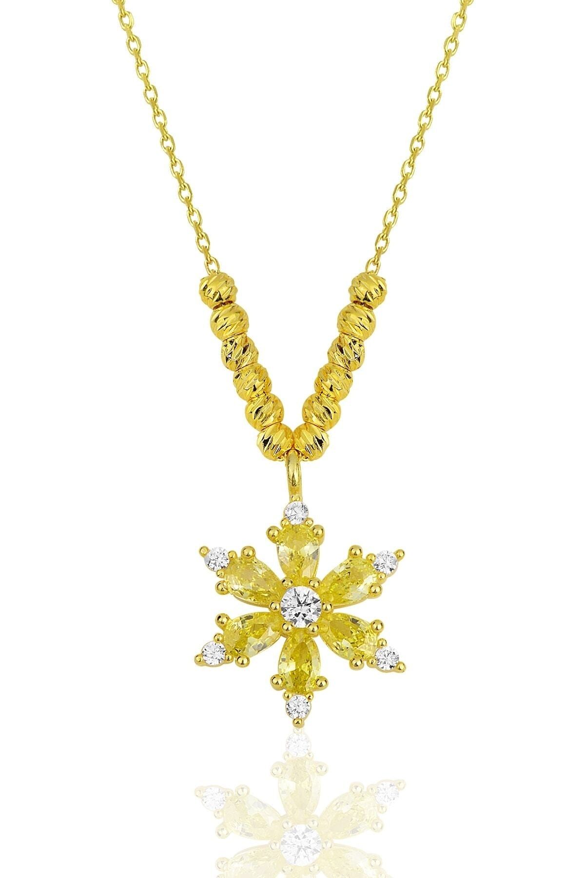 KAR DİAMOND 925 Ayar Gümüş Zincirli Altın Kaplama Dorika Toplu Sarı Taşlı Kamelya Lotus Çiçeği Kolye