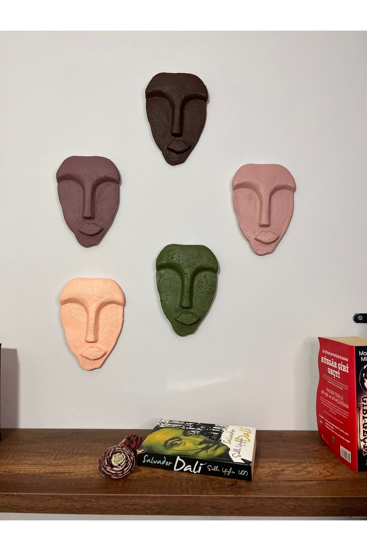 Mes Reves Özel Tasarım Dekoratif Duvar Maskeleri 5'li Set, Ev Dekoru, Kahverengi Dekor