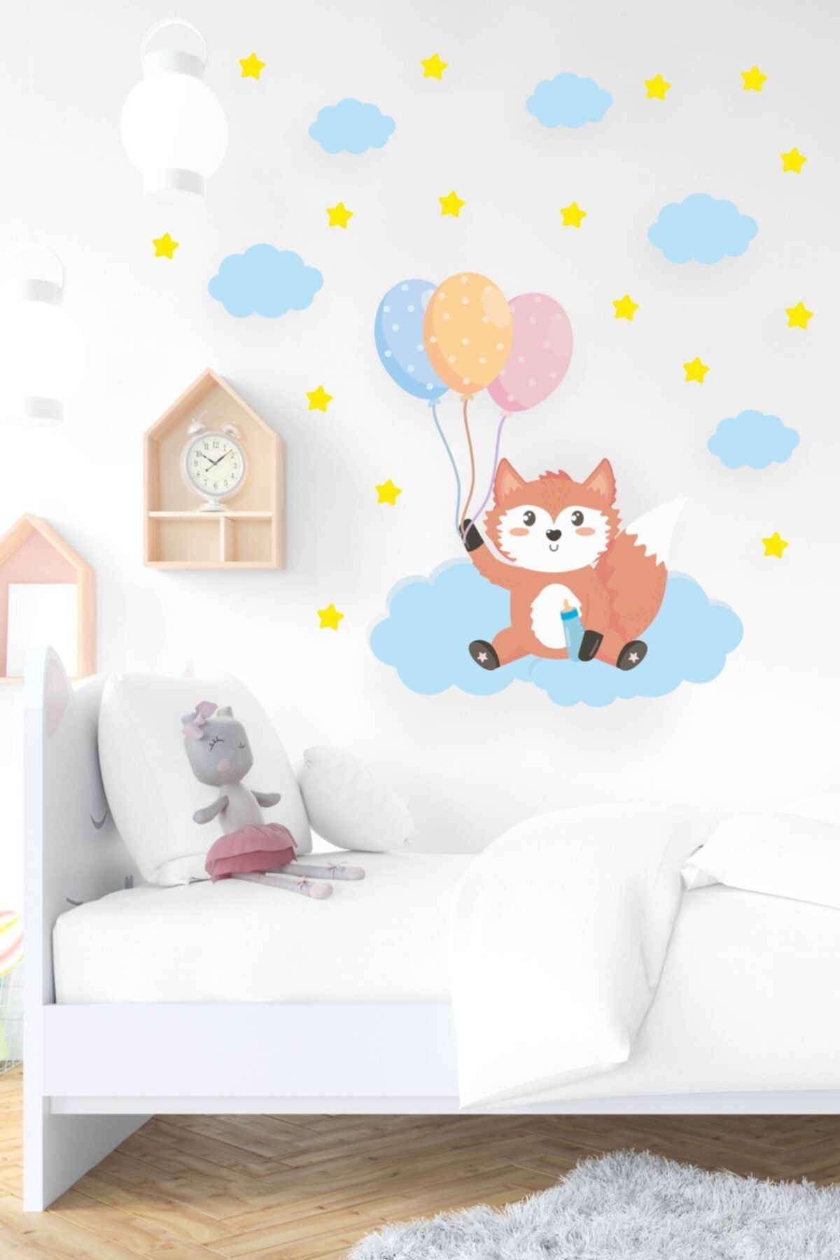 MSticker Sevimli Tilki Bulutlar Ve Yıldızlar Çocuk Bebek Odası Sticker