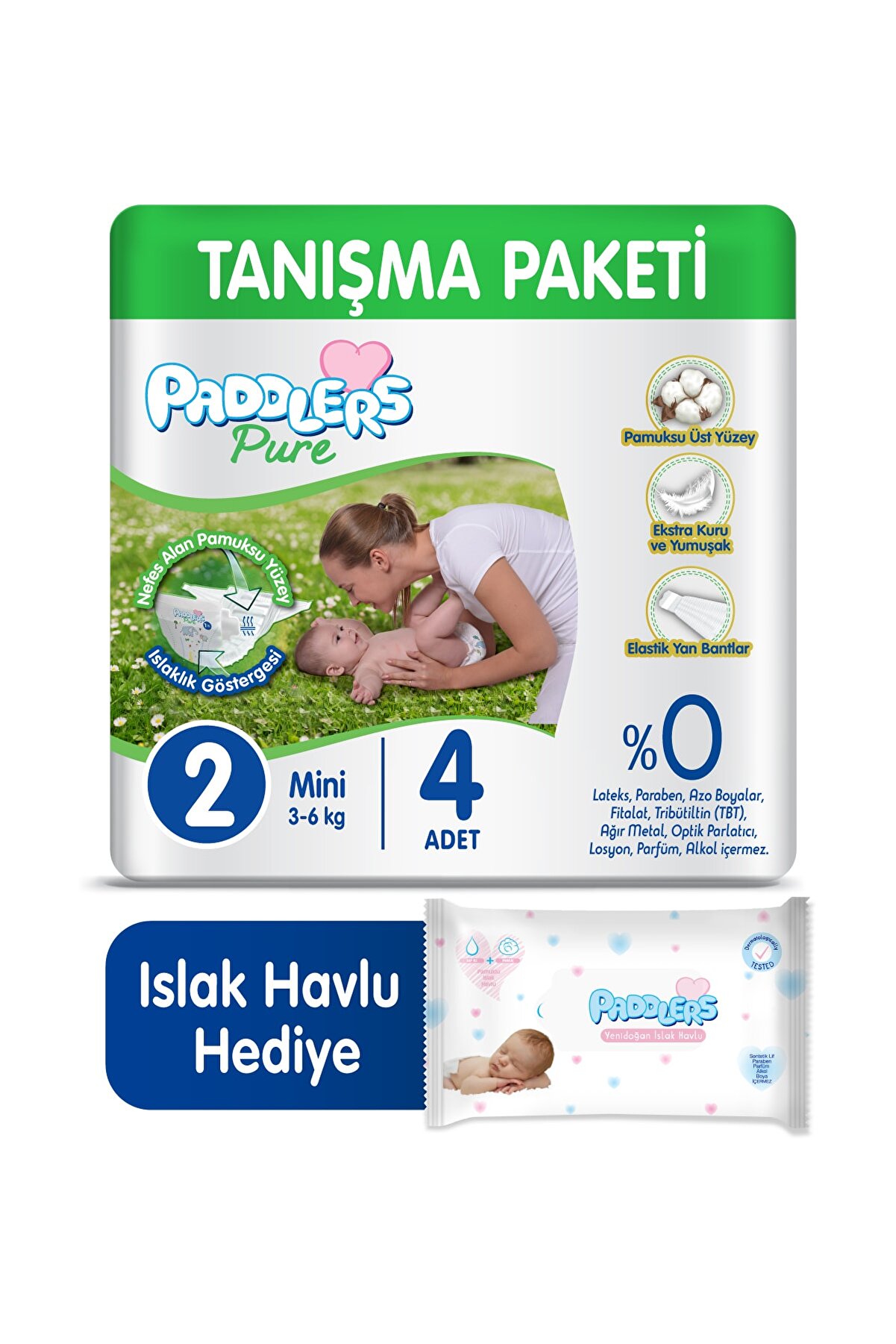 Paddlers Pure Bebek Bezi 2 Numara Mini 4 Adet (3-6 KG) 40'lı Yenidoğan Islak Havlu