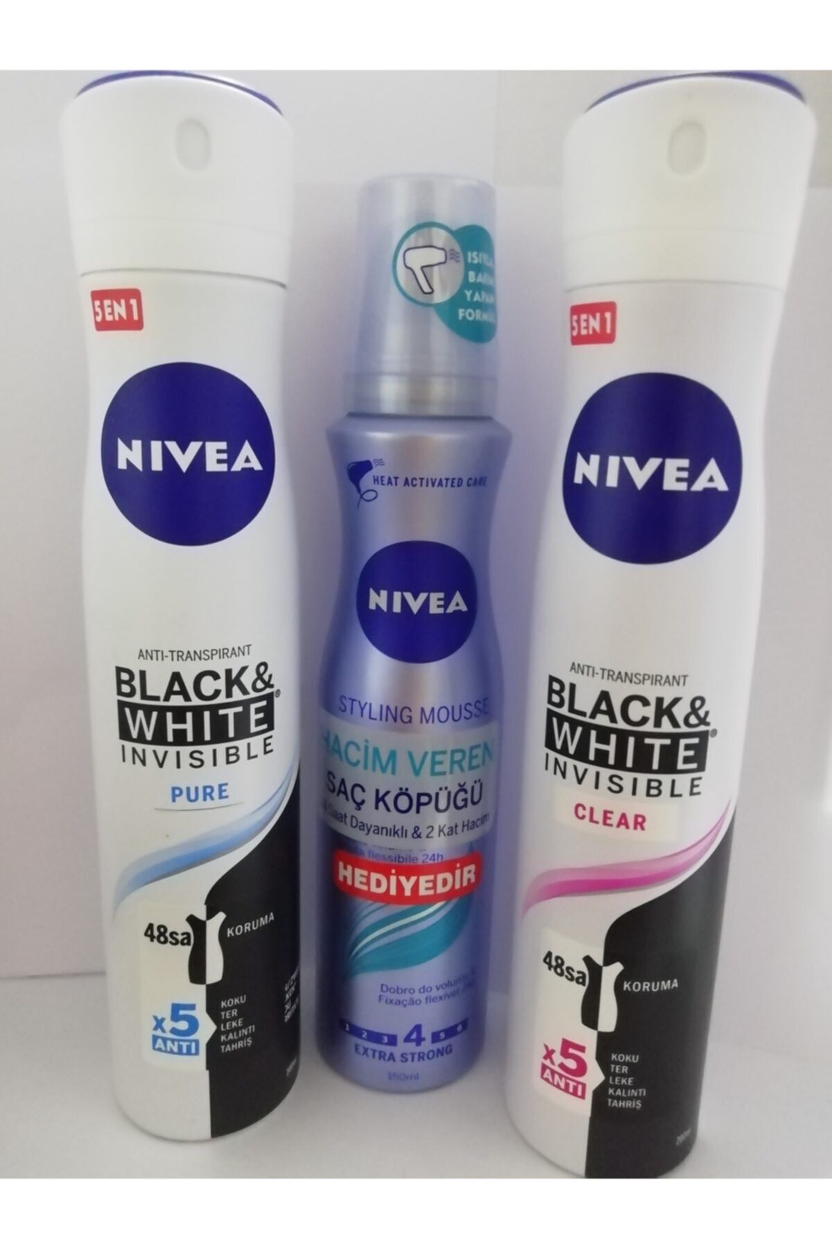 NIVEA Nıvea Deodorant  Pure &clear 200 Ml. ( Nıvea 150 Ml Saç Köpüğü Hediyeli ) 3 Lü Set