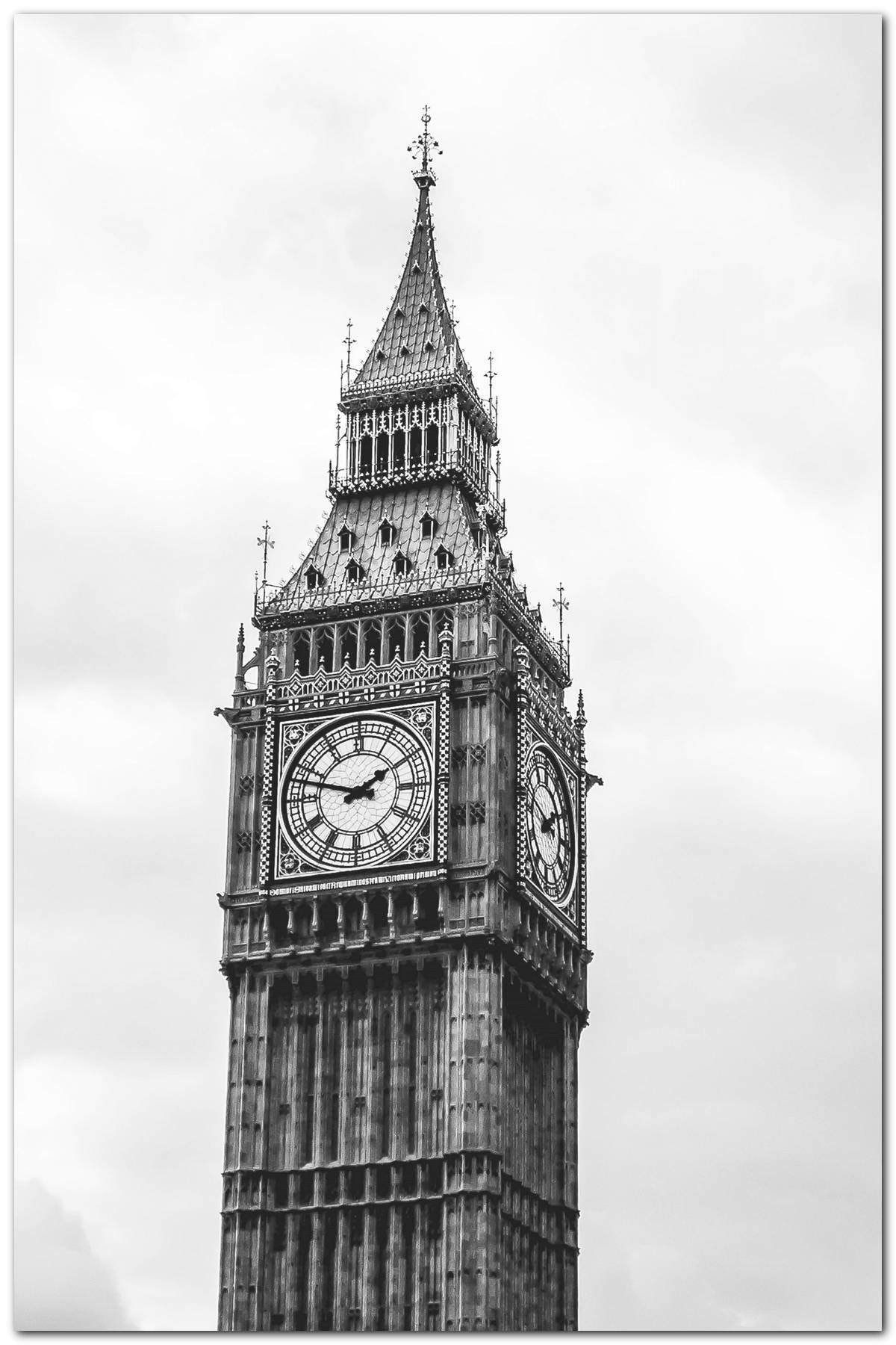 Cakatablo Ahşap Tablo Londra Big Ben Saat Kulesi Siyah Beyaz (25x35 Cm Boyut)