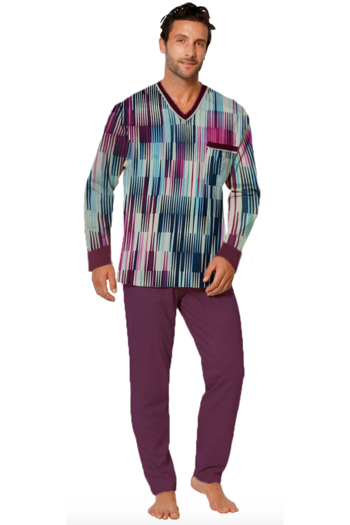 Nurteks Erkek Mürdüm  Renkli Çizgili Cep Detaylı Altı Büyük Beden Pijama Takımı