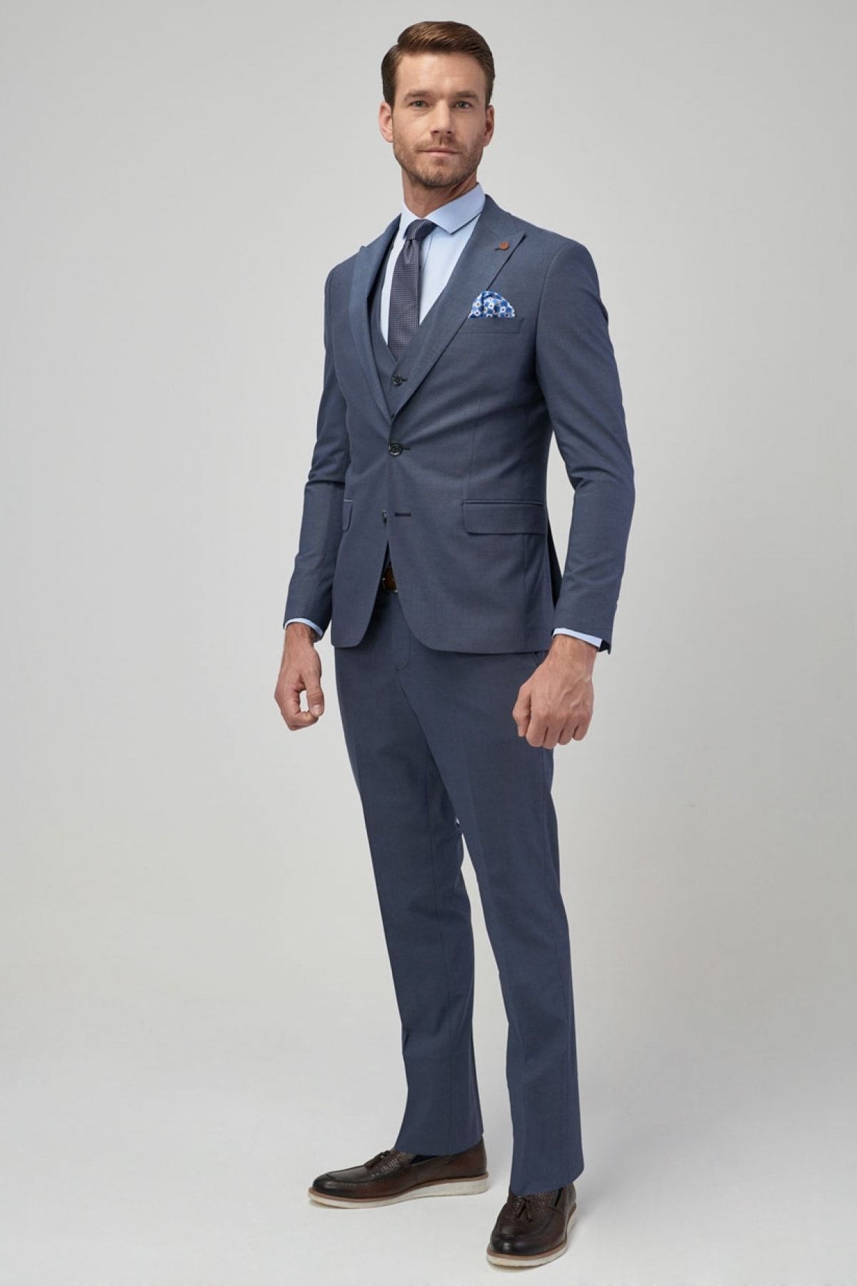 Altınyıldız Classics Erkek Mavi Ekstra Slim Fit Dar Kesim Desenli Su Geçirmez Yelekli Nano Takım Elbise
