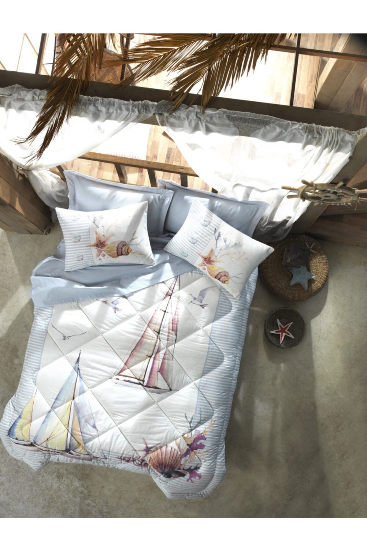Cotton Box %100 Pamuk Yatak Odası Maritime Tek Kişilik Uyku Seti Yacht Mavi