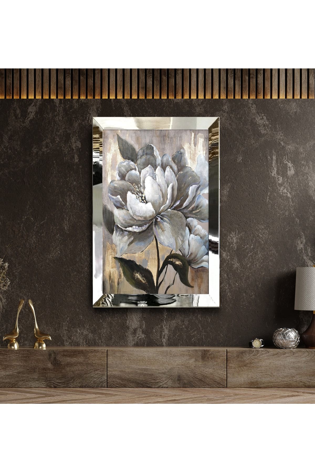 tablom burada Soyut Çiçek Çizimi Gümüş Ayna Çerçeveli Lüks Dikey Tablo