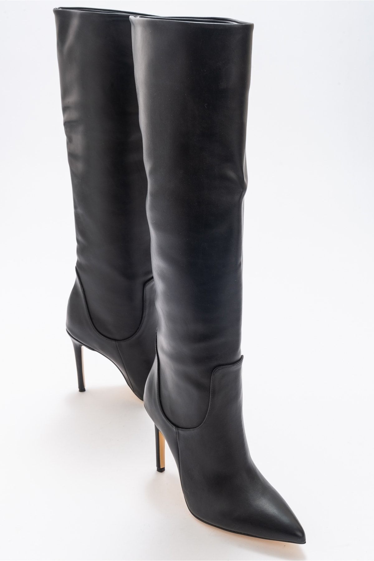 luvishoes Navy Siyah Cilt Kadın Topuklu Çizme