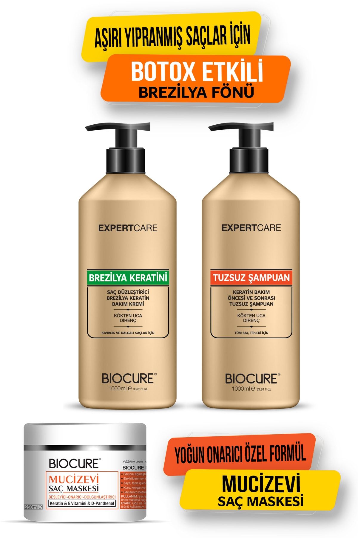 Biocure Saç Düzleştirici Keratin Bakımı 1 Litre & Tuzsuz Şampuan 1 Litre & Onarıcı Keratin Mucizevi Maske