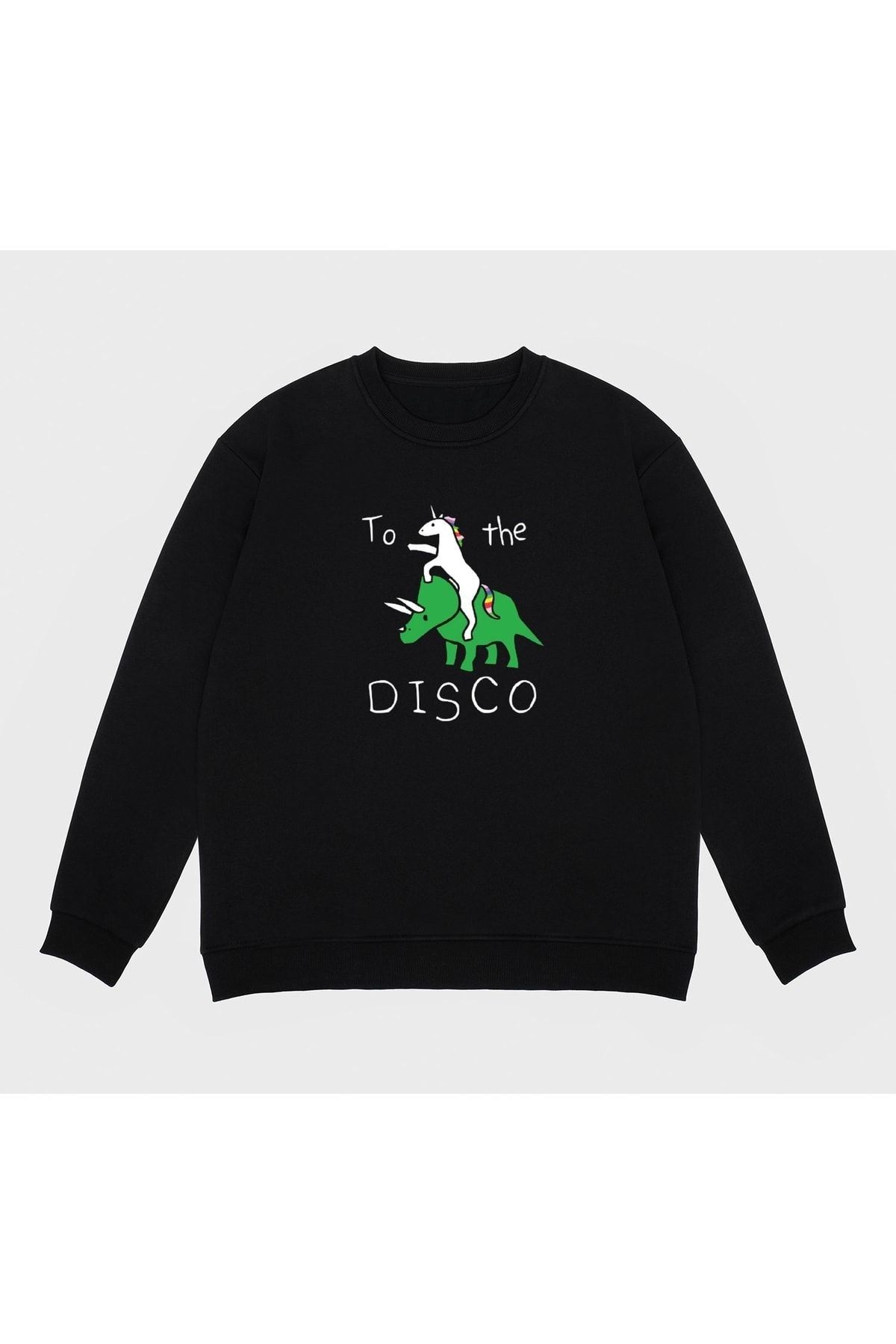 MyNero Unisex Siyah Sweatshirt To The Disco (white Text) Unicorn Riding Triceratops Classic _al1234