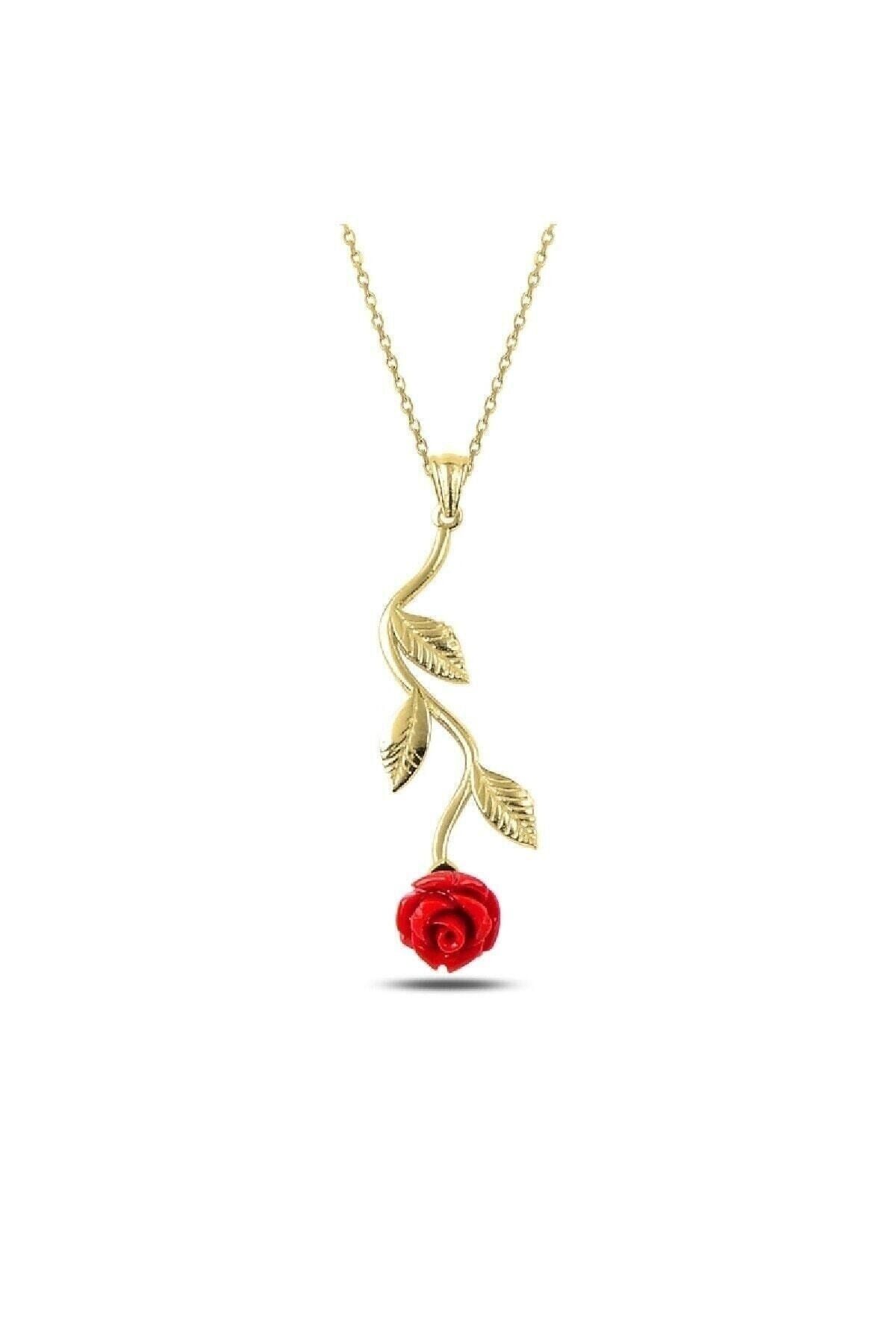 KAR DİAMOND Kadın 925 Ayar Gümüş Altın Kaplama Üç Yapraklı Aşk Simgesi Kırmızı Gül Kolye