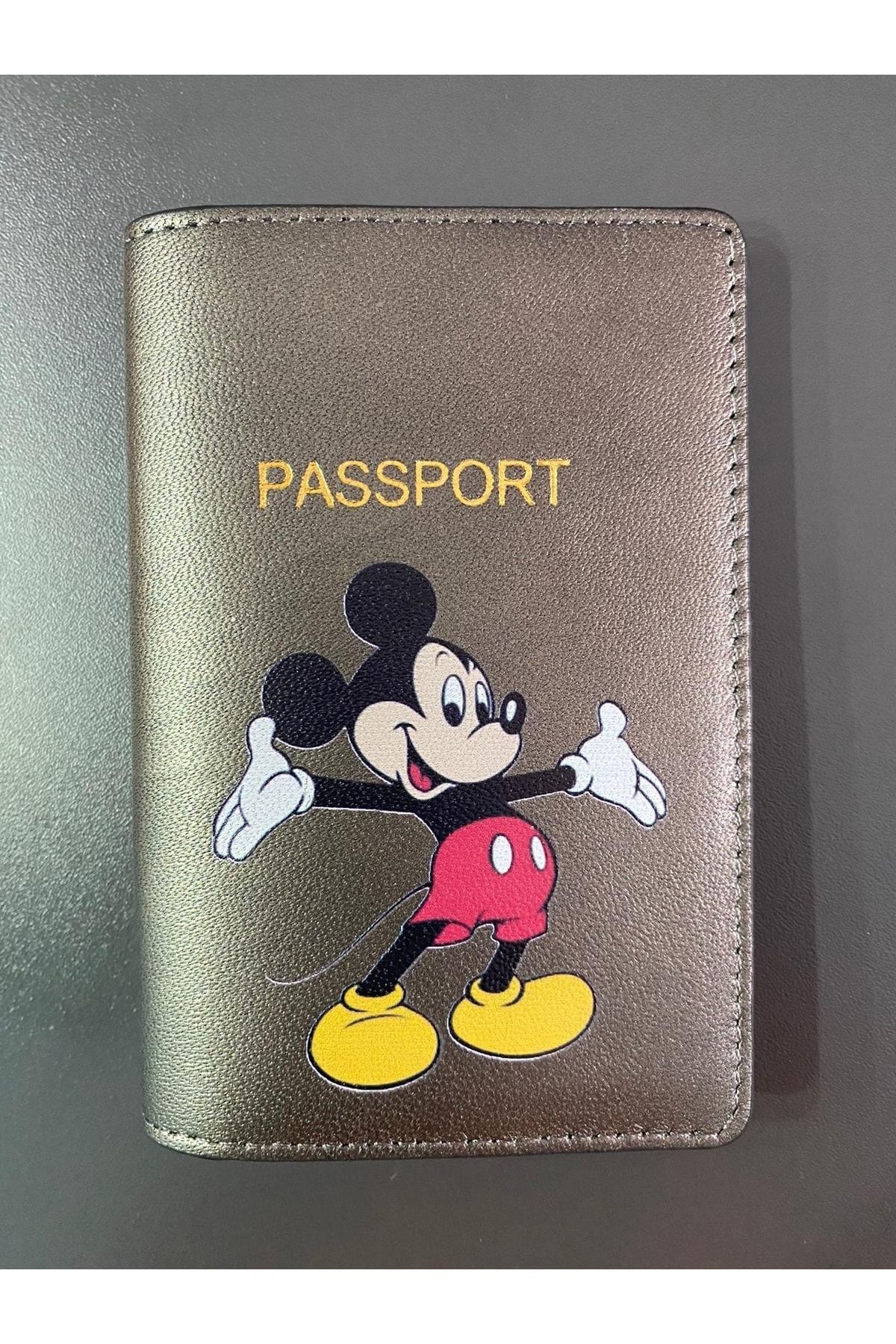 Seyahataksesuar Mickey Mouse Tasarım Gri Deri Pasaport Kılıfı