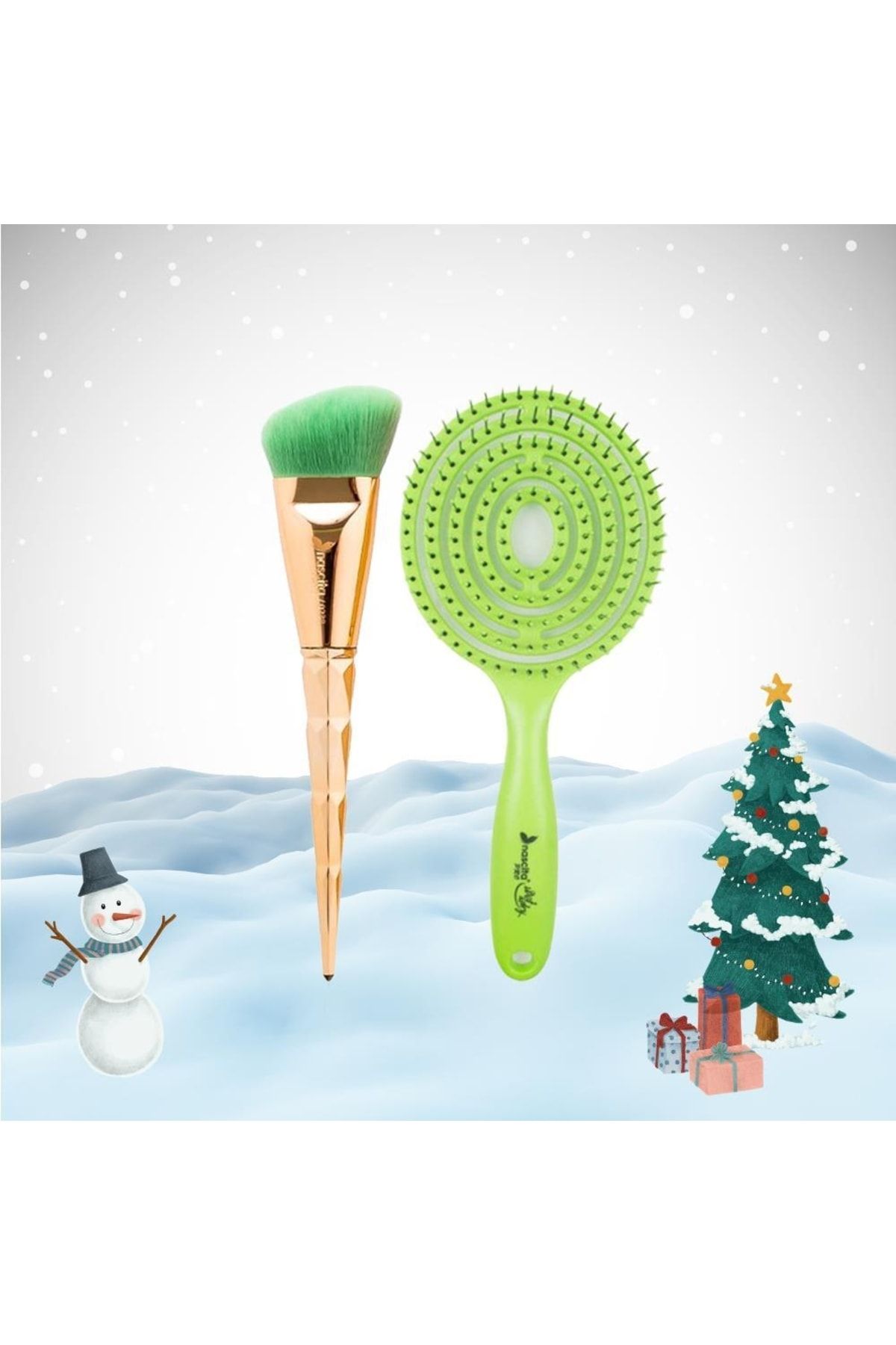 Nascita Yılbaşı Paketi Saç Fırçası Yeşil Ve Fondöten Fırçası