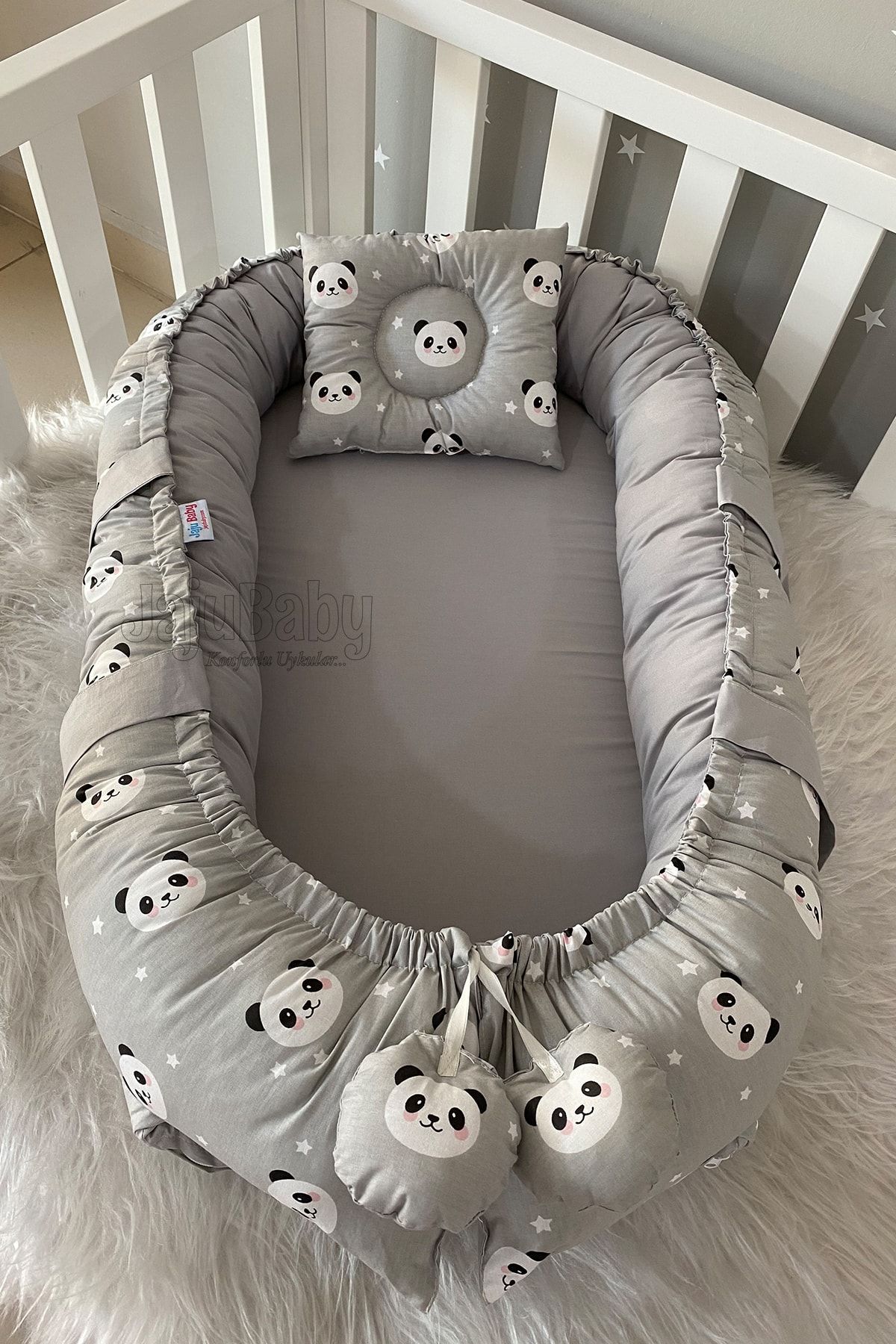 Jaju Baby Nest Gri Panda Lüx Tasarım Ortopedik Jaju-babynest Bebek Yatağı Anne Yanı Bebek Yatağı
