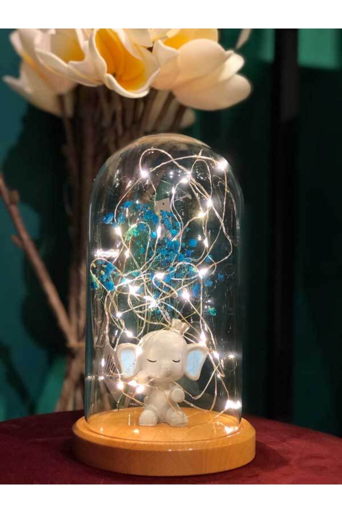 BY-LAMP Işıklı Fanus Mavi Kulak Fil Figürlü Lamba Hediyesi Çocuk Odası Gece Lambası Ahşap Taban