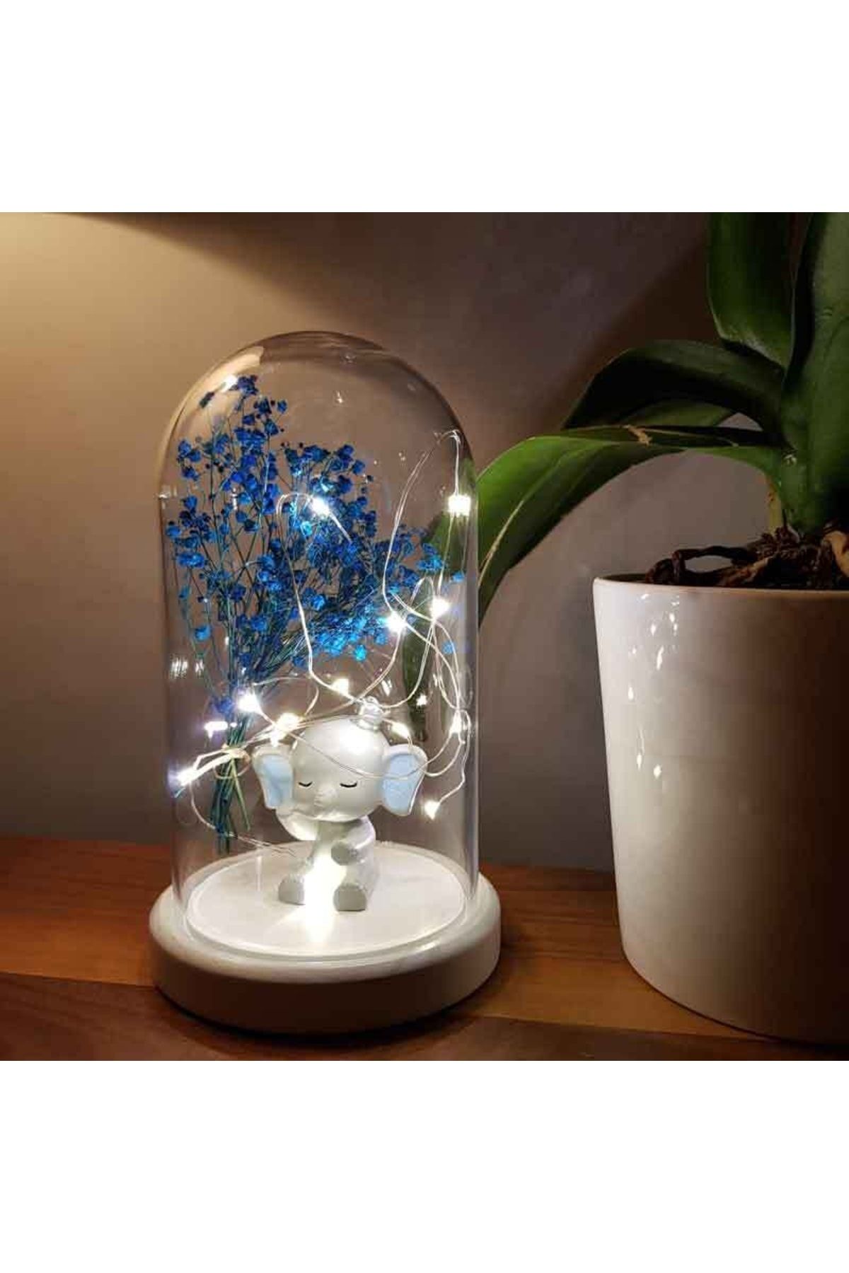 BY-LAMP Işıklı Fanus Çocuk Odası Mavi Kulak Fil Figürlü Gece Lambası Hediyesi Beyaz Taban