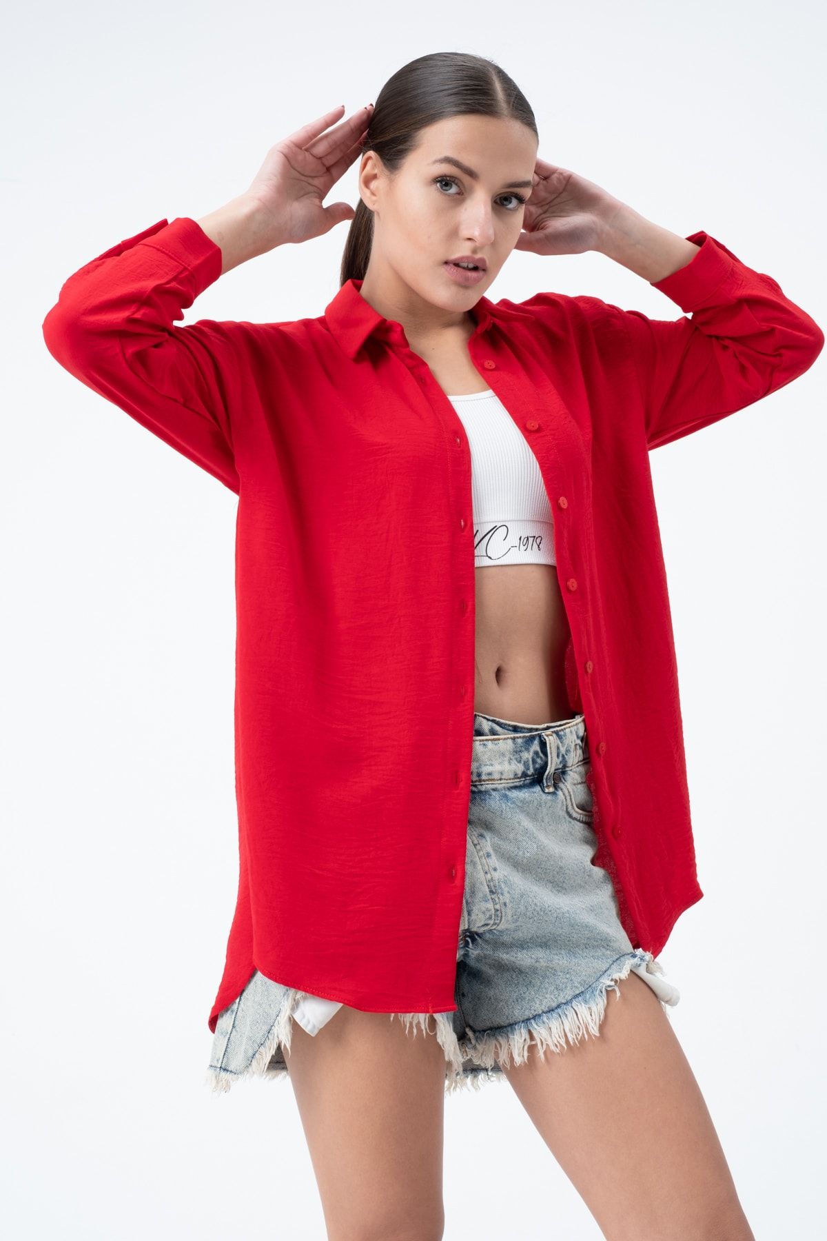 Nefise 21559-kadın Düz Yaka Oversize Uzun Basic Gömlek - Kırmızı