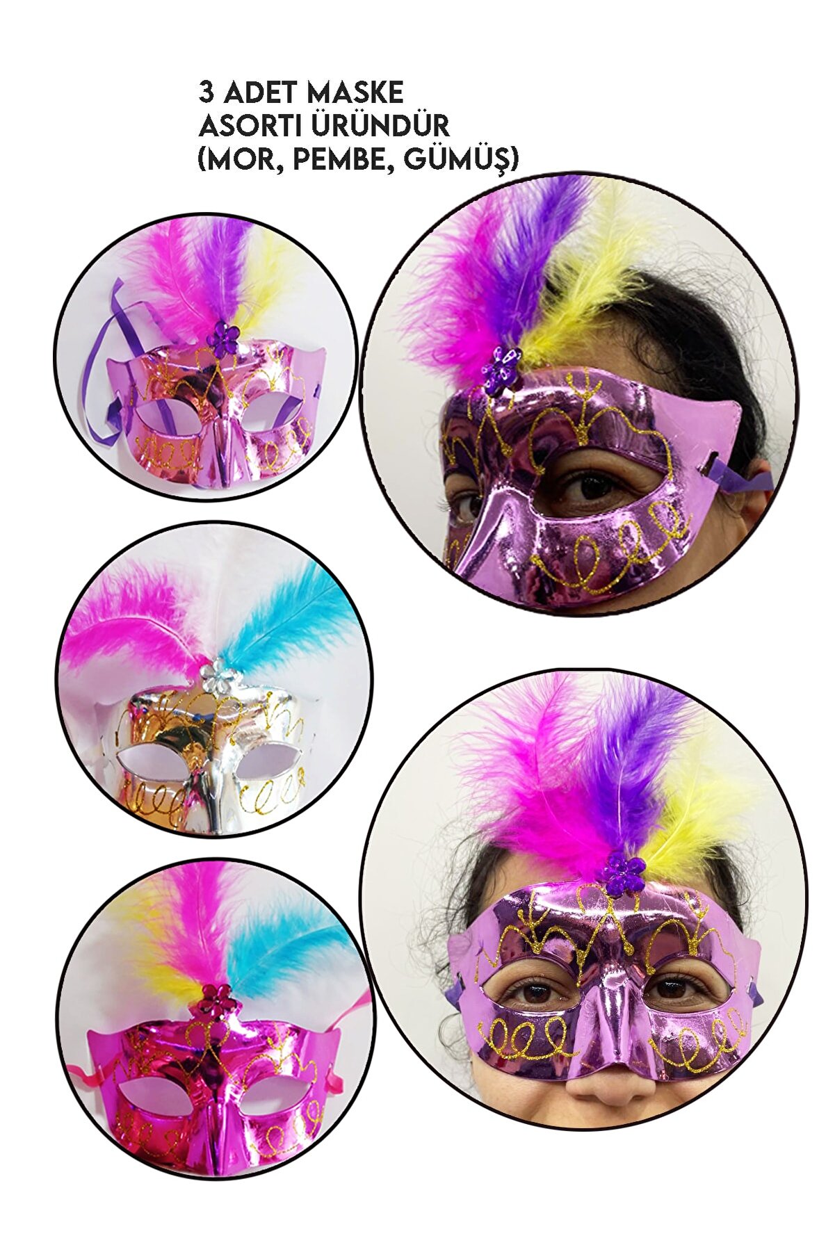 3 Adet Renkli Yılbaşı Parlak Süslü Balo Maske Venedik Tüylü Kadın Parti Göz Maskesi Bağlamalı 23x8cm_2