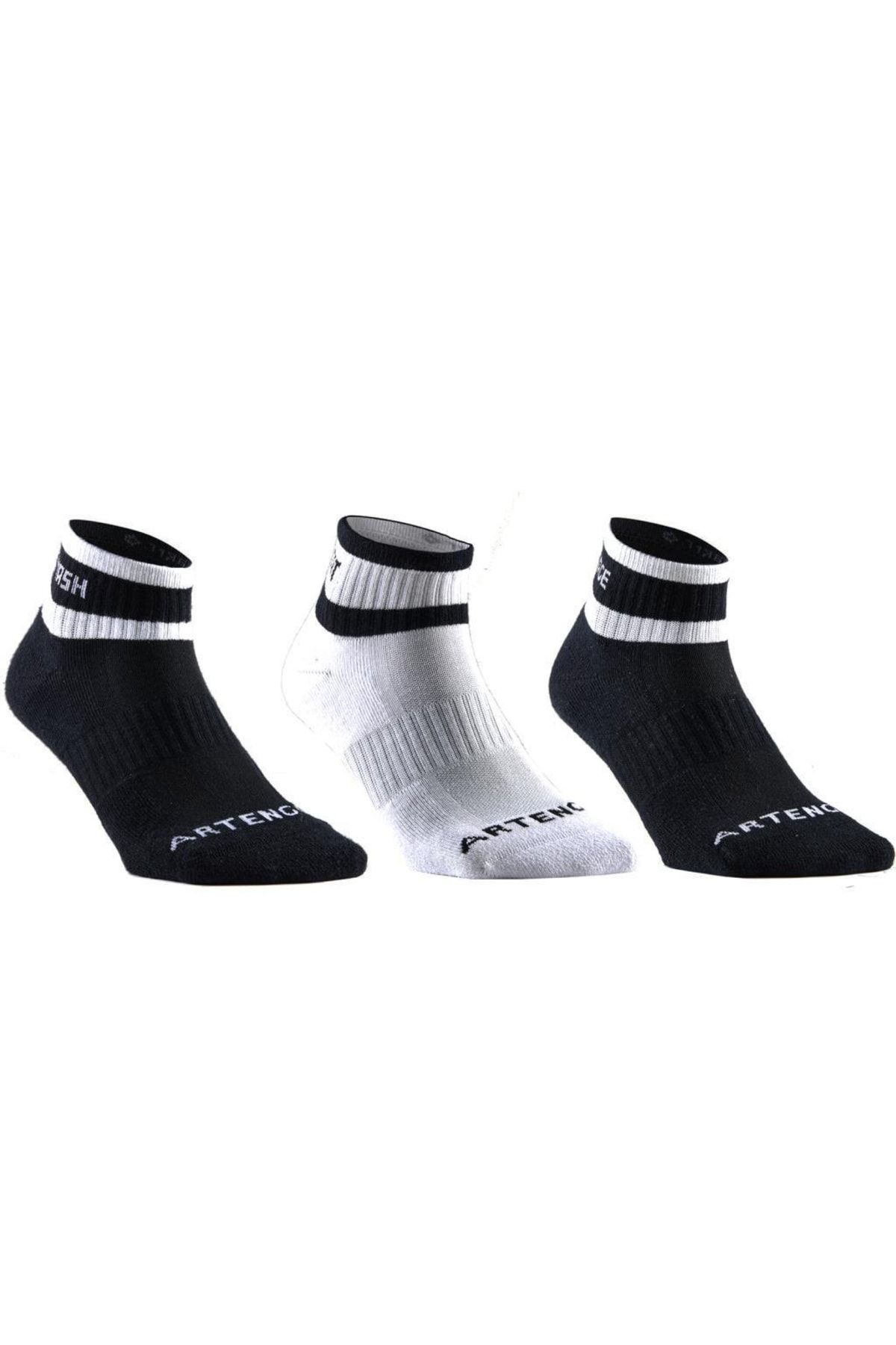 Telvesse Spor Çorap Orta Konçlu Kışlık Çorap Havlu Yapılı Siyah-beyaz Şeritli 3 Çift