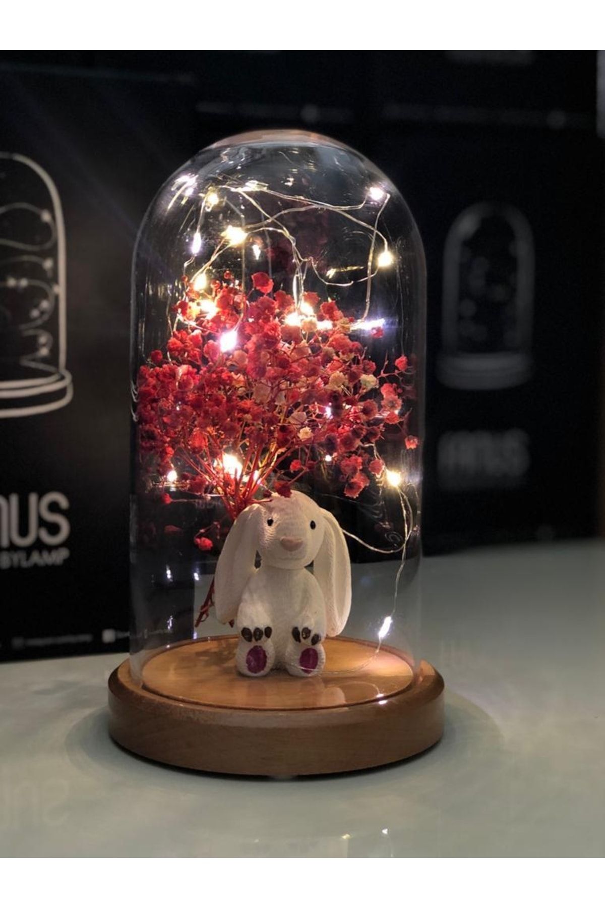 BY-LAMP Pembe Tavşan Ve Çiçek Figürlü Led Lamba Doğum Hediyesi Gece Lambası Ahşap Taban