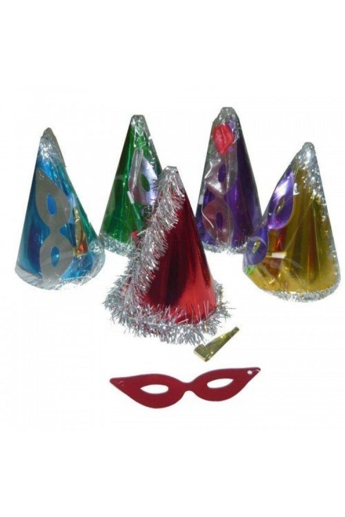Parti Dolabı 10 Lu Renkli Yılbaşı Şapkası Parti Maske Ve Düdük Seti Kağıt Üçgen Katyon Set Kaynana Dili Düdüğü