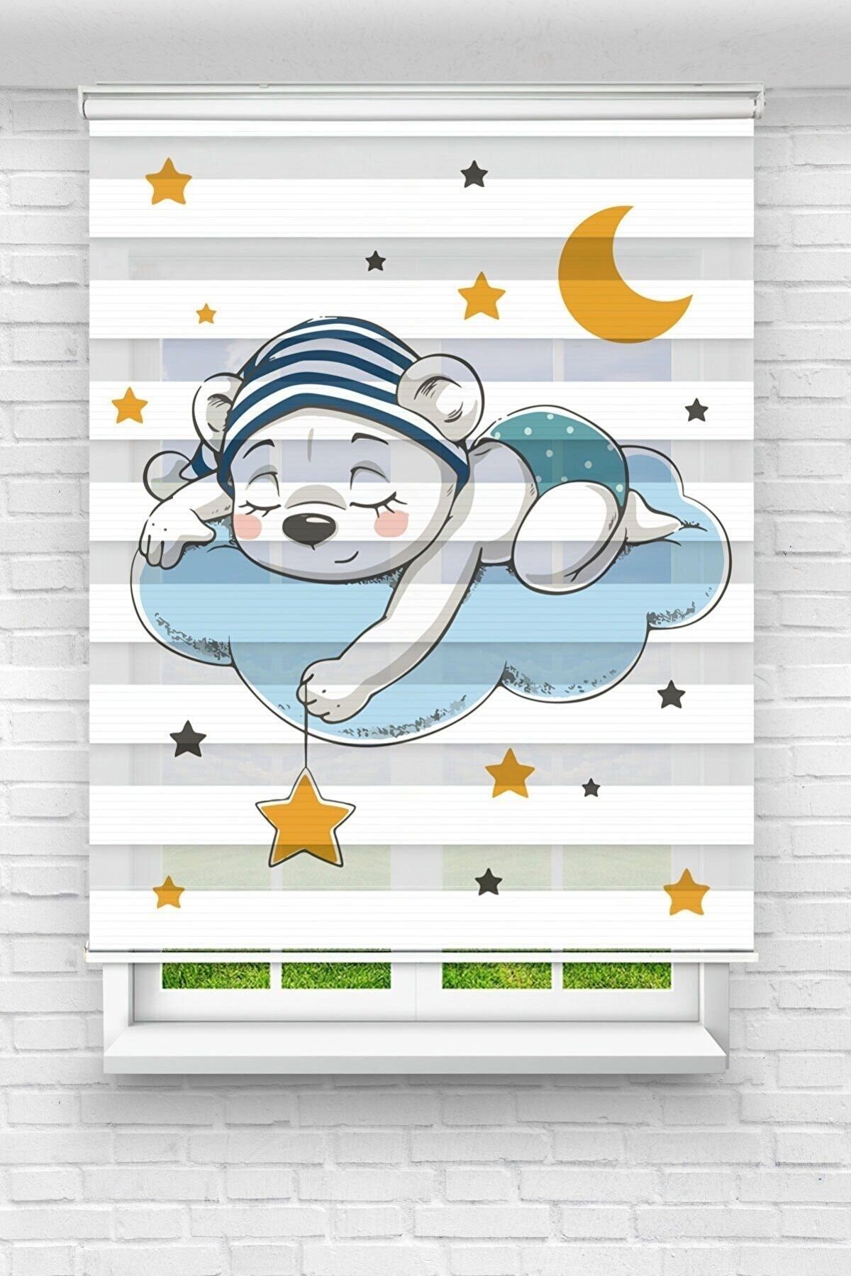 Genel Markalar Çocuk Odası - Sevimli Uyuyan Ayıcık Ve Yıldızlar Baskılı Zebra Perde