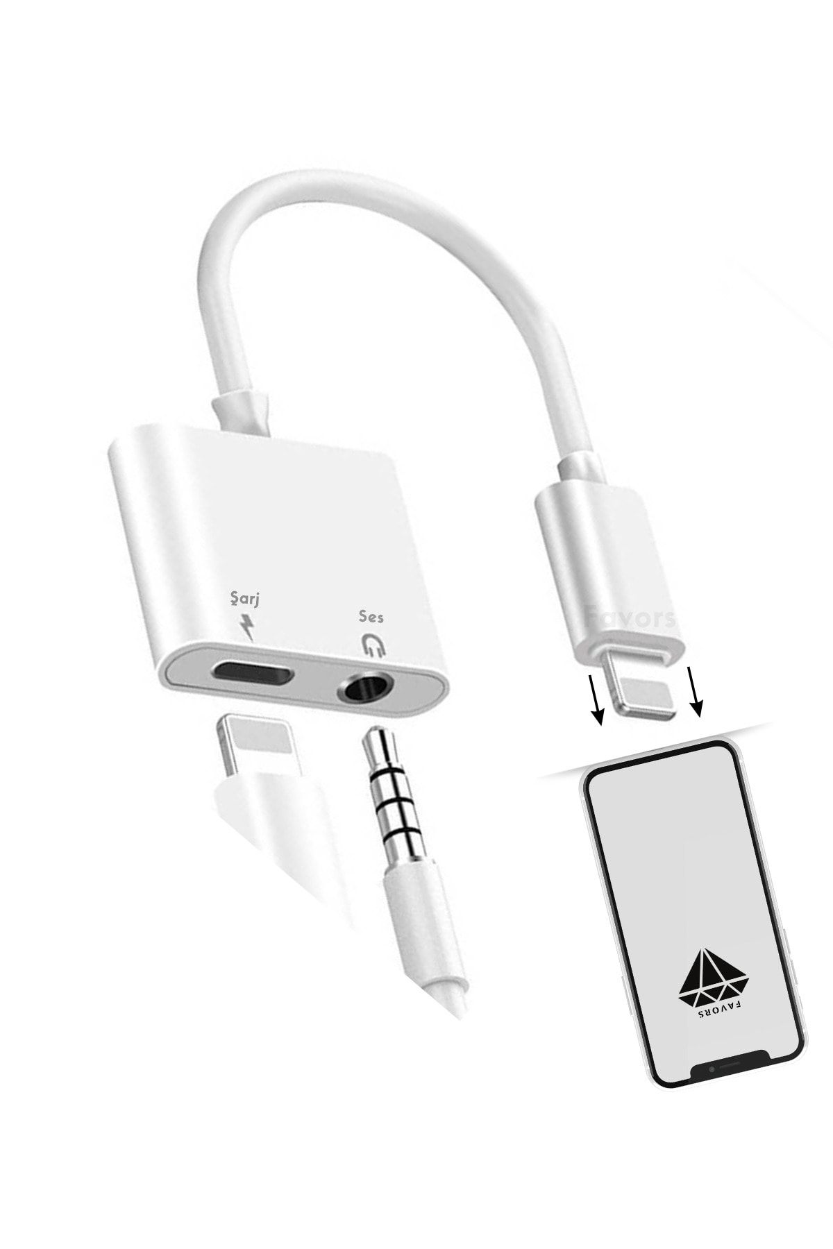 Favors Lightning To 3.5mm Adapter Kablo, Iphone Uyumlu Ses, Aux Kablo Dönüştücü Adaptör Beyaz