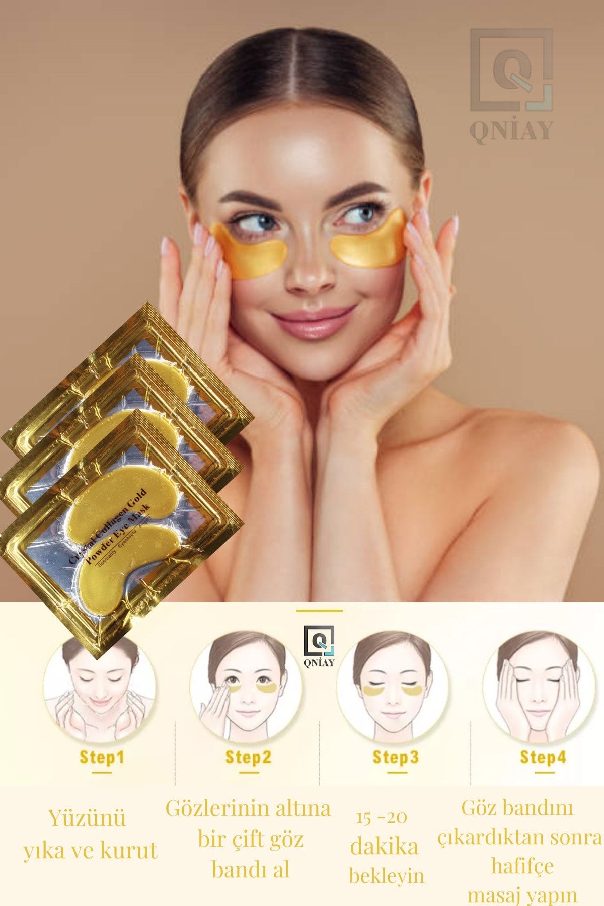 QNİAY Gözaltı Maskesi Kolajen 3 Paket - (2 Lİ ADET) Altın Göz Altı Maskesi Altın Yüz Cilt Bakımı