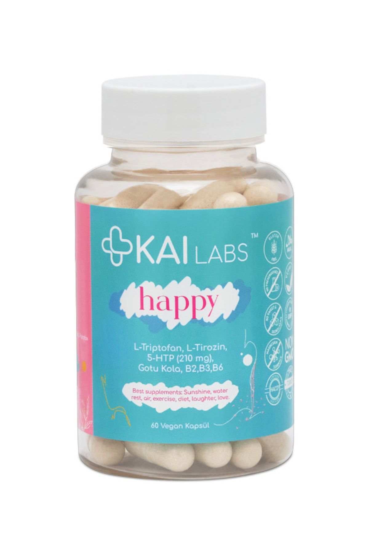 Kai Labs Happy 60 Vegan Kapsül Triptofan, 5htp, Tirozin, Centella Asiatica (gotu Kola), B2, B3, B6 Kailabs
