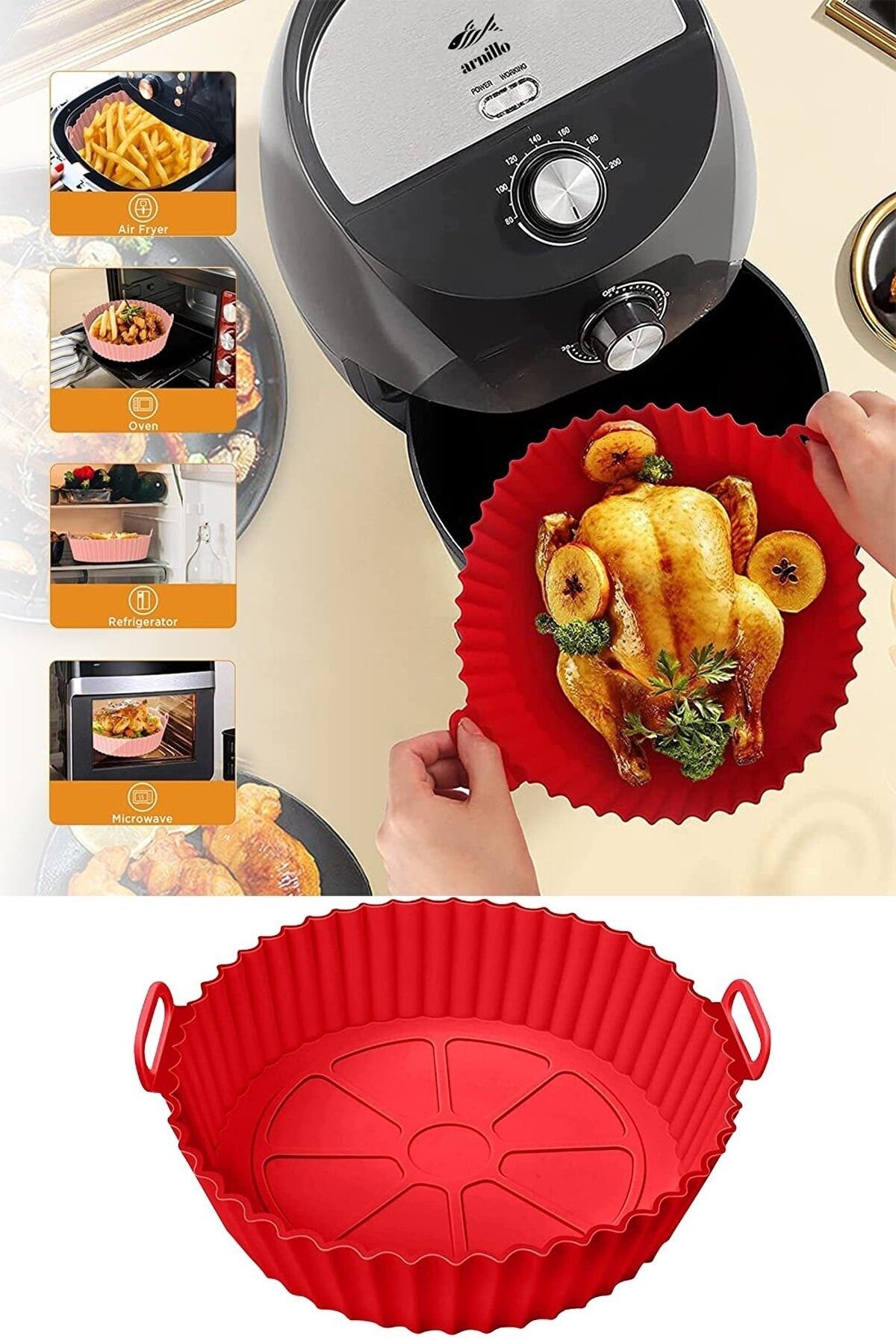 İLİVA Airfryer Silikon Pişirme Kalıbı - Air Fryer Aksesuarı, Pişirme Kağıdı - Kırmızı (bpa Free)