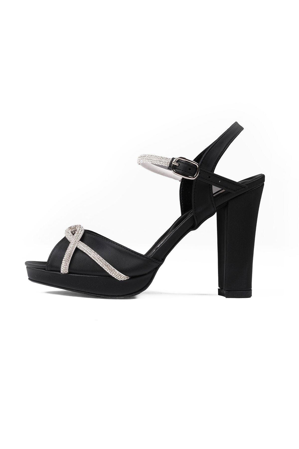 Mio Gusto Siyah Renk Taş Bantlı, Platformlu Kadın Abiye Topuklu Ayakkabı