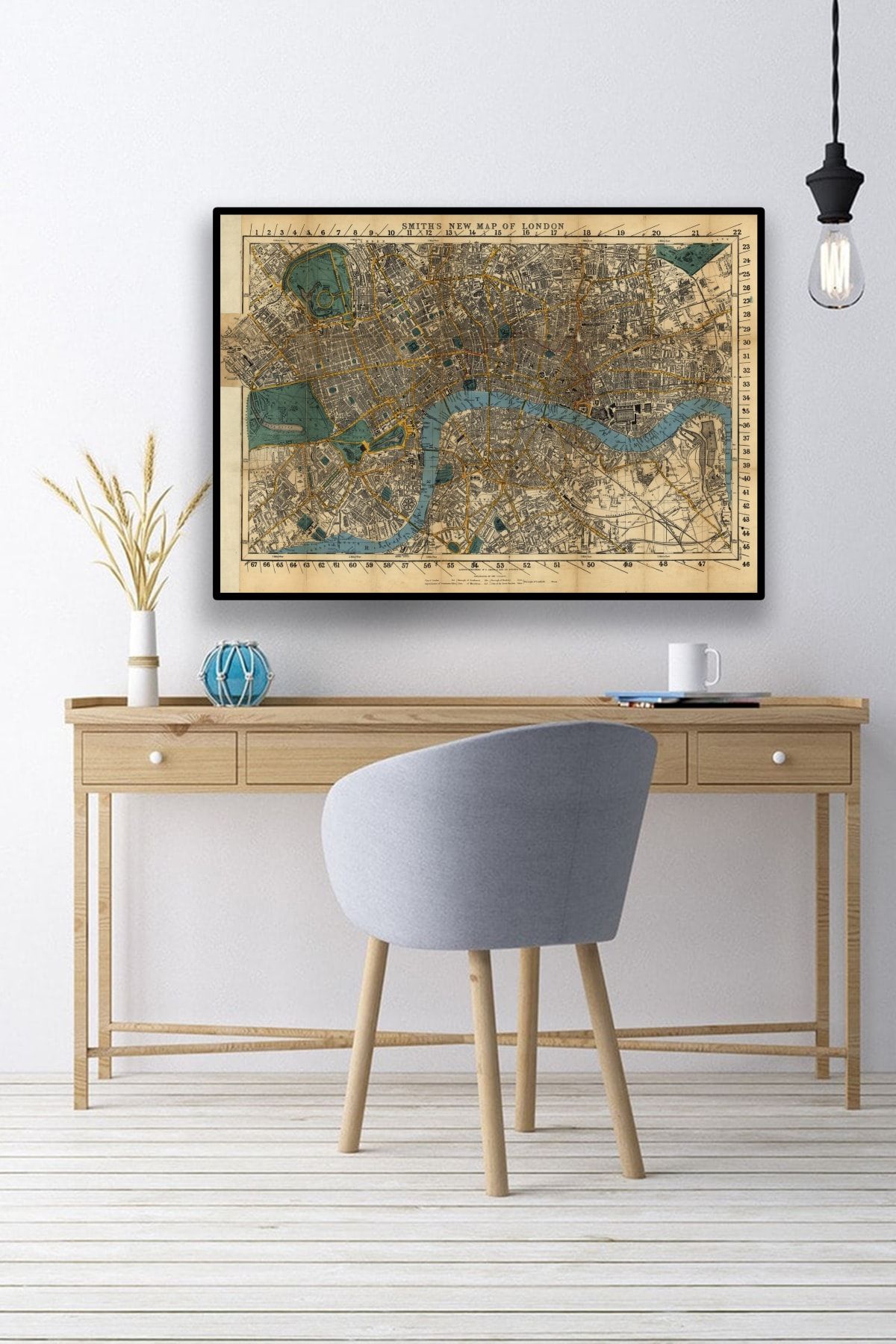 HariTasarım 1860 Londra Şehir Haritası Çerçeveli Tablo, Tarihi Harita, Harita Sanatı, Map Art Design