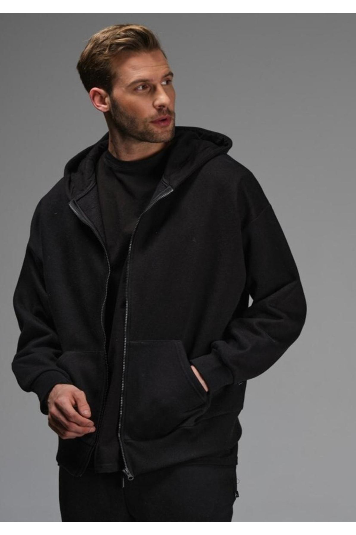 Zeo giyim Siyah Oversize 3 Iplik Kalın Içi Polarlı Fermuarlı 1.kalite Bol Kesim Düz Baskısız Sweatshirt