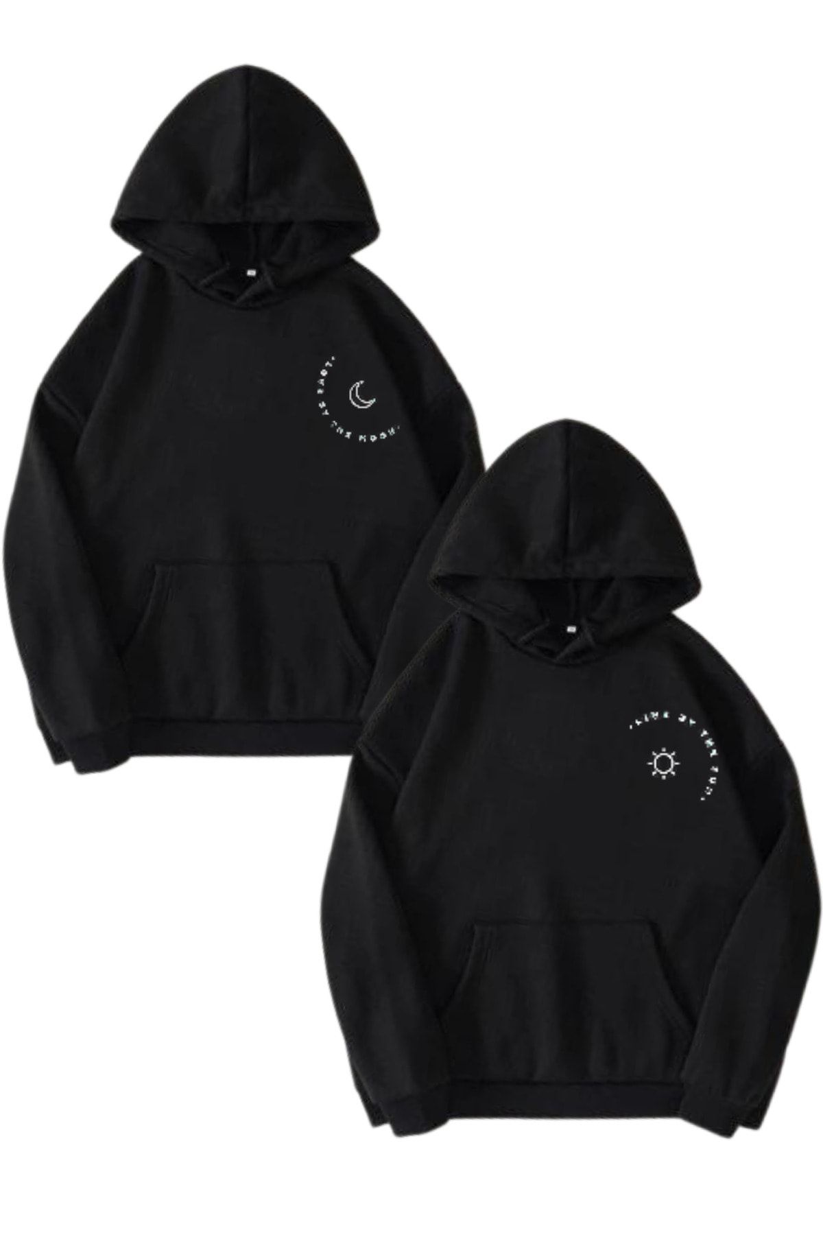 MODAGEN Sevgili Çift Kombini Moon Ve Sun Yazılı Tasarım 2'li Ürün Siyah Kapüşonlu Oversize Sweatshirt Hoodie